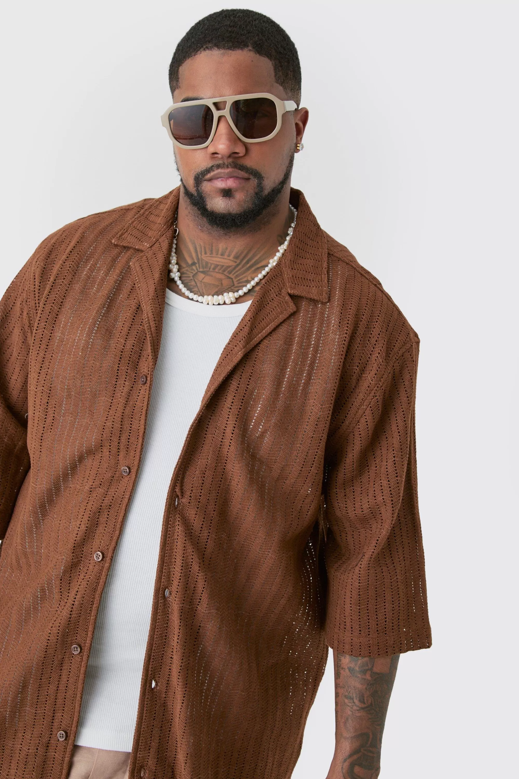 boohooMAN Plus Short Sleeve Drop Revere Open Weave Shirt | UK