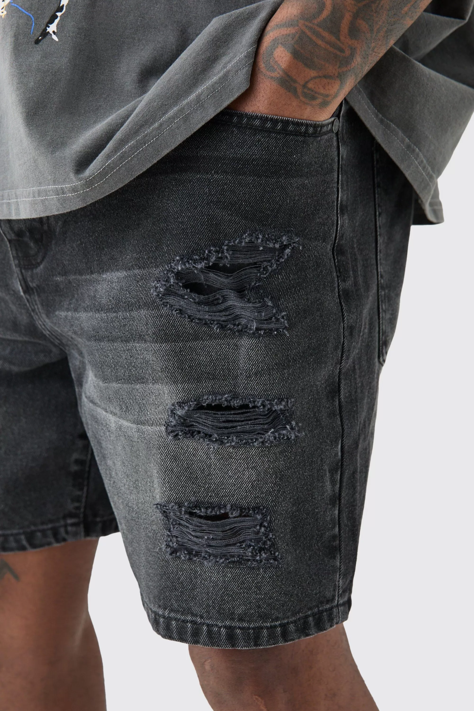 boohooMAN Plus Slim Fit Distressed Denim Shorts In | UK