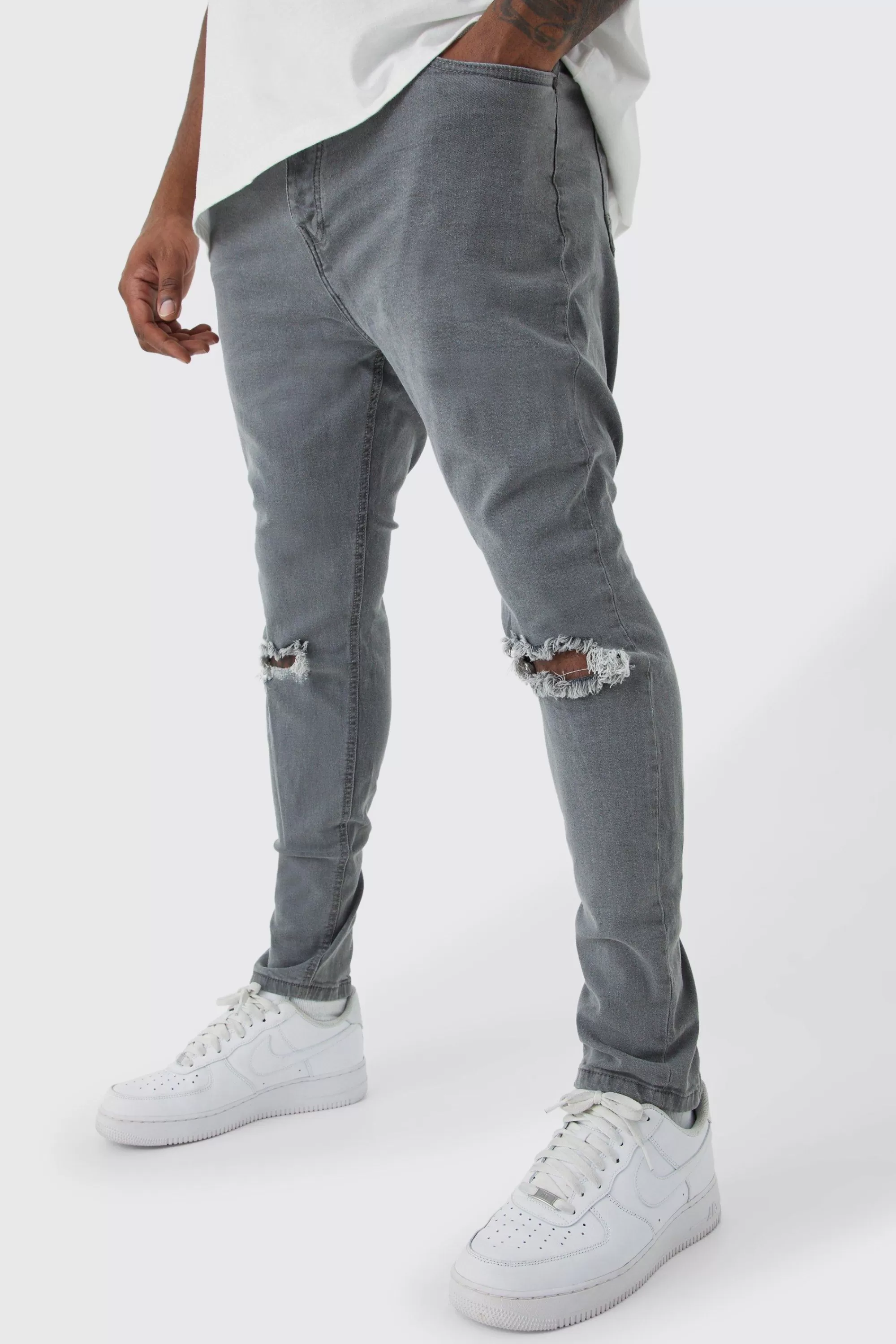 boohooMAN Plus Super Skinny Stretch Ripped Knee Jeans | UK