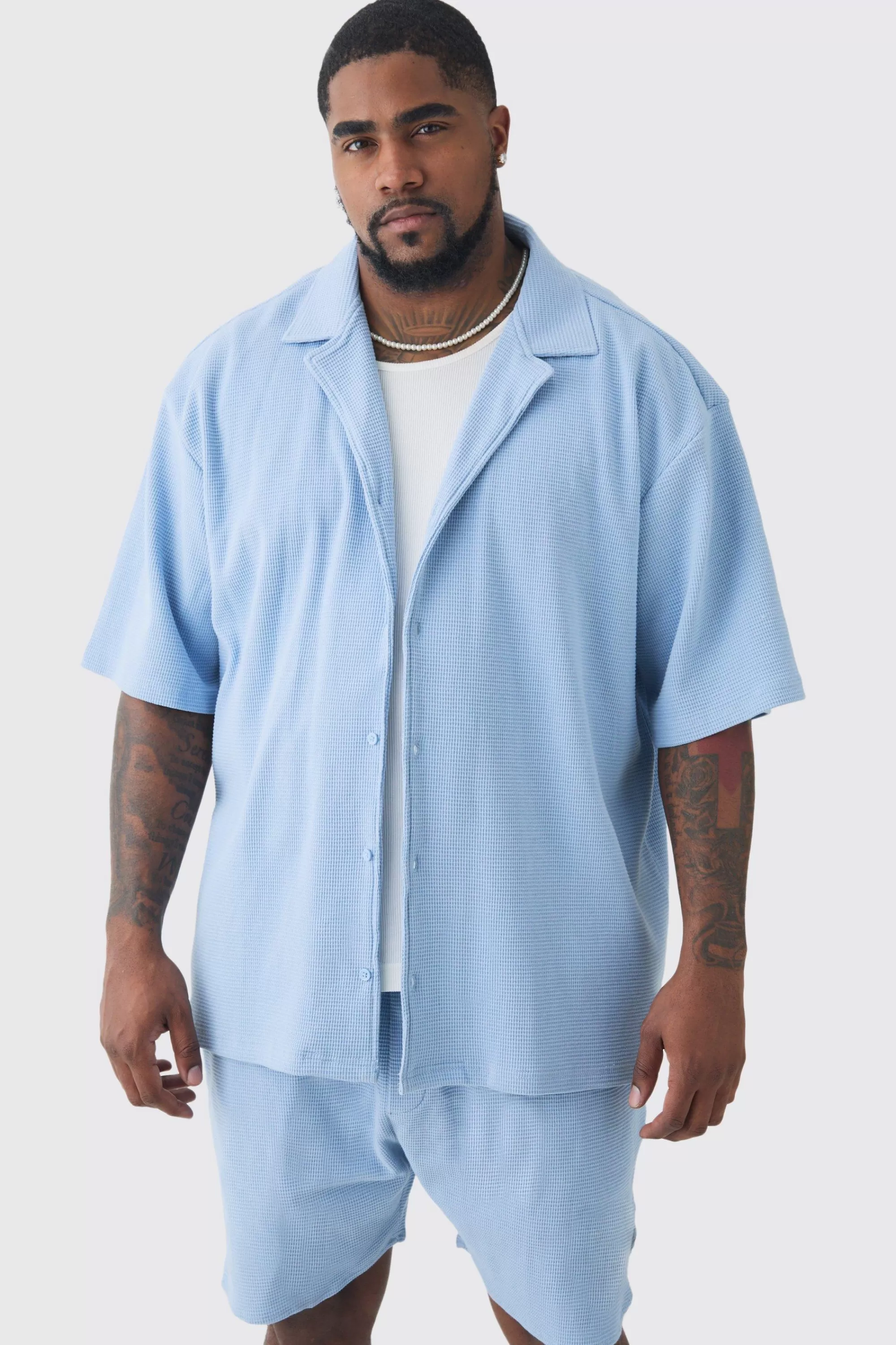 boohooMAN Plus Waffle Short Sleeve Shirt And Short Set | UK