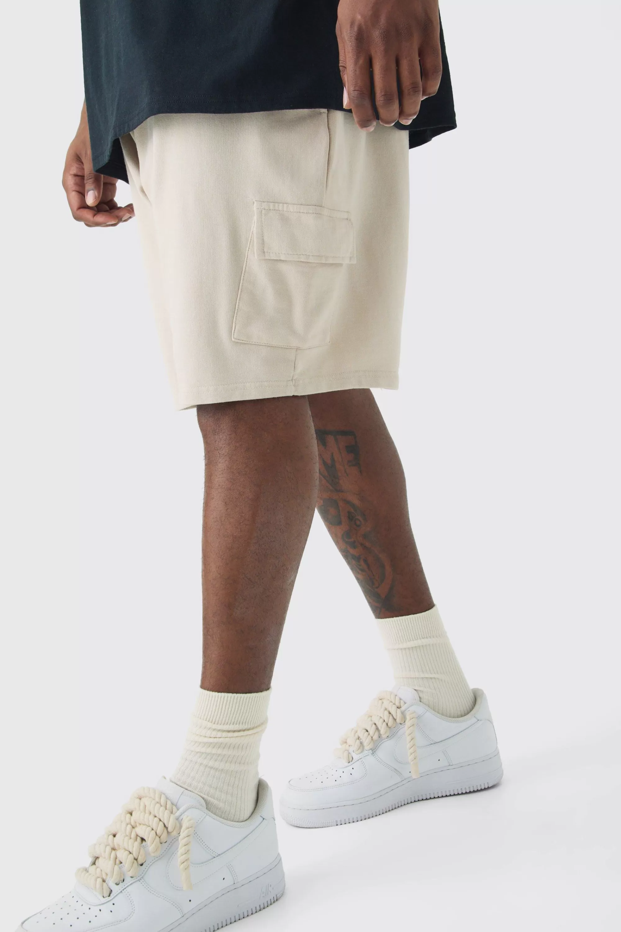 boohooMAN Plus Washed Relaxed Jersey Cargo Shorts | UK