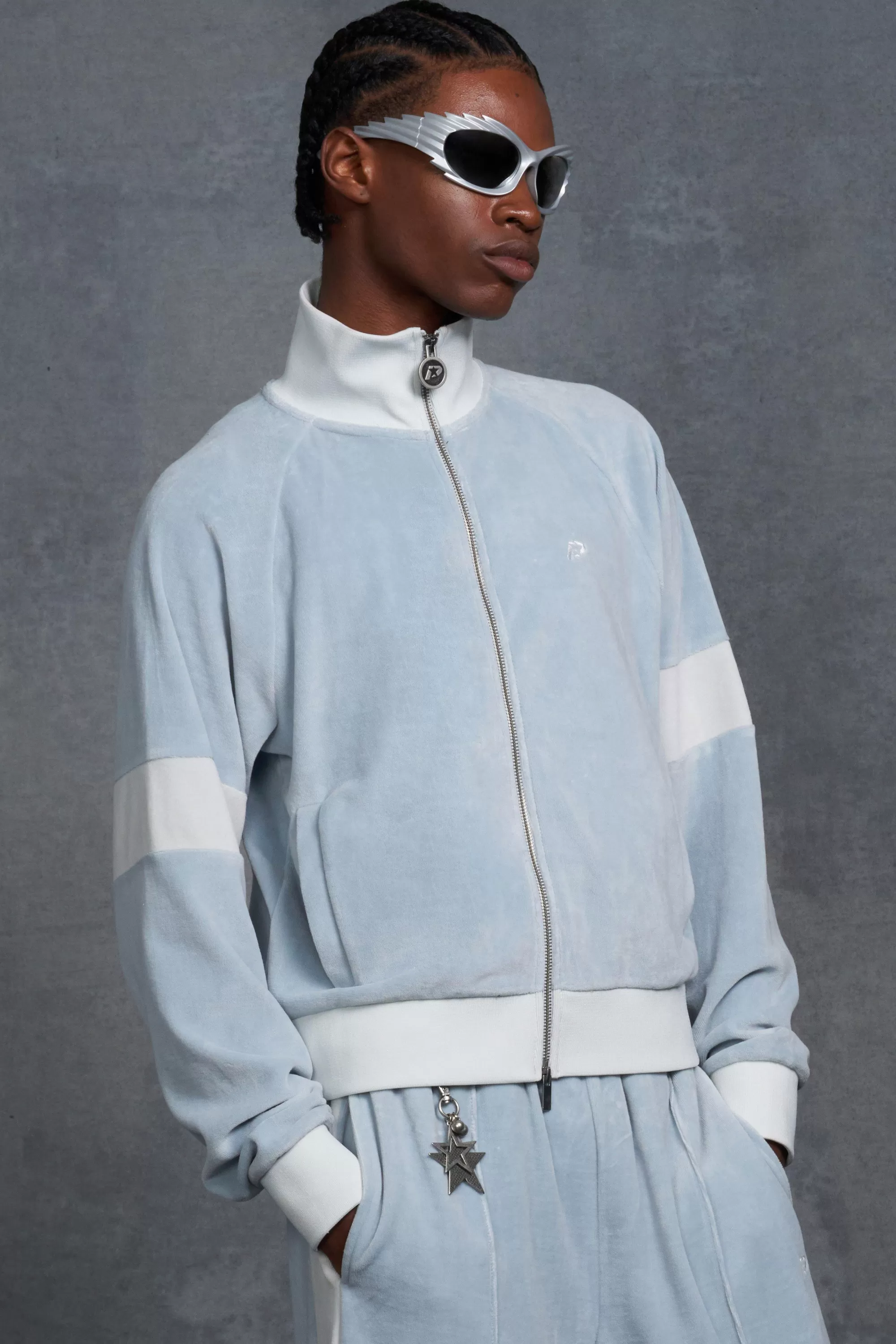 boohooMAN P-Star Funnel Neck Velour Track Top | UK