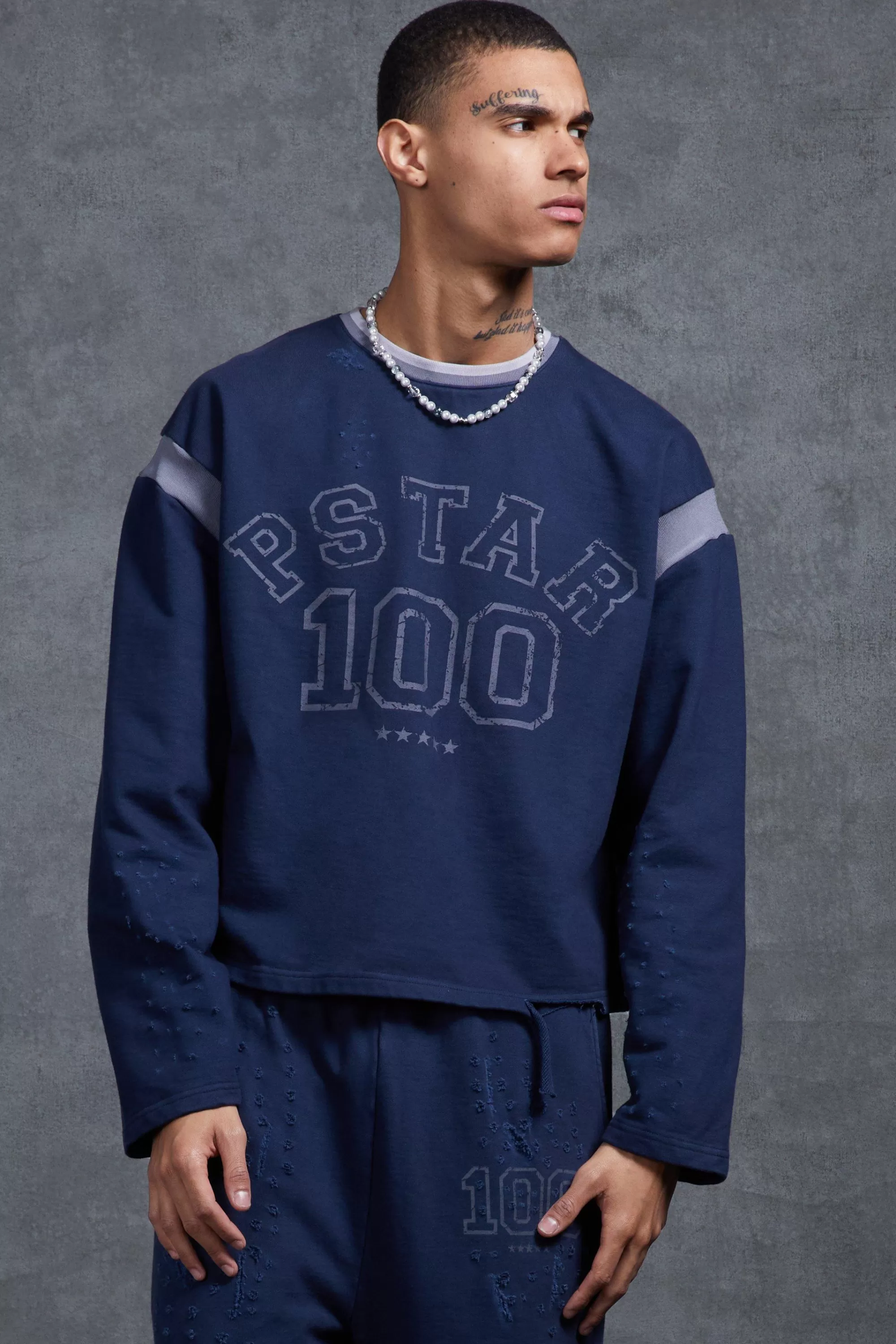 boohooMAN P-Star Oversized Cropped Sweatshirt With 100 Print | UK