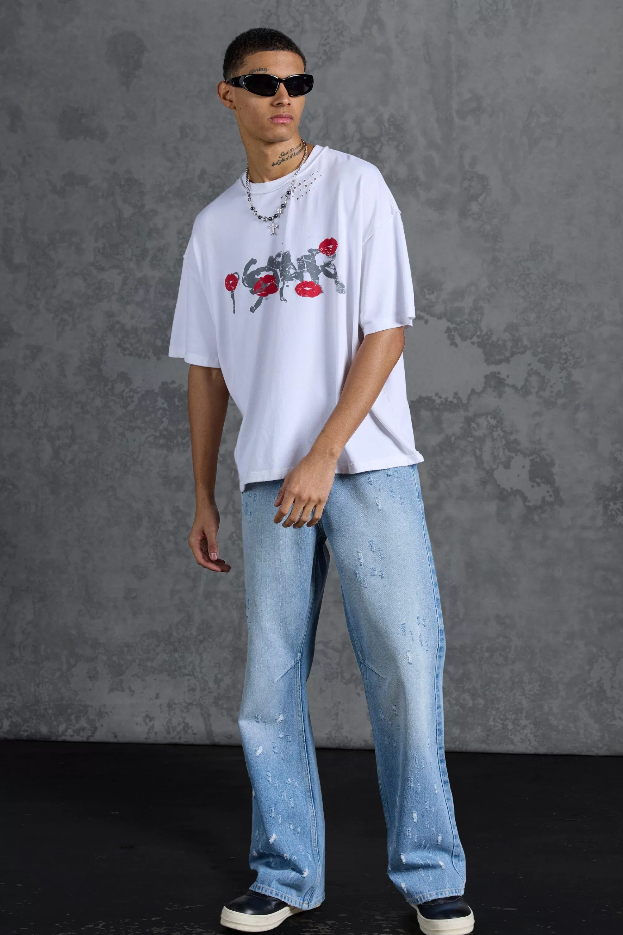 boohooMAN P-Star Slim Fit Flare Stacked Jeans With Distressing | UK
