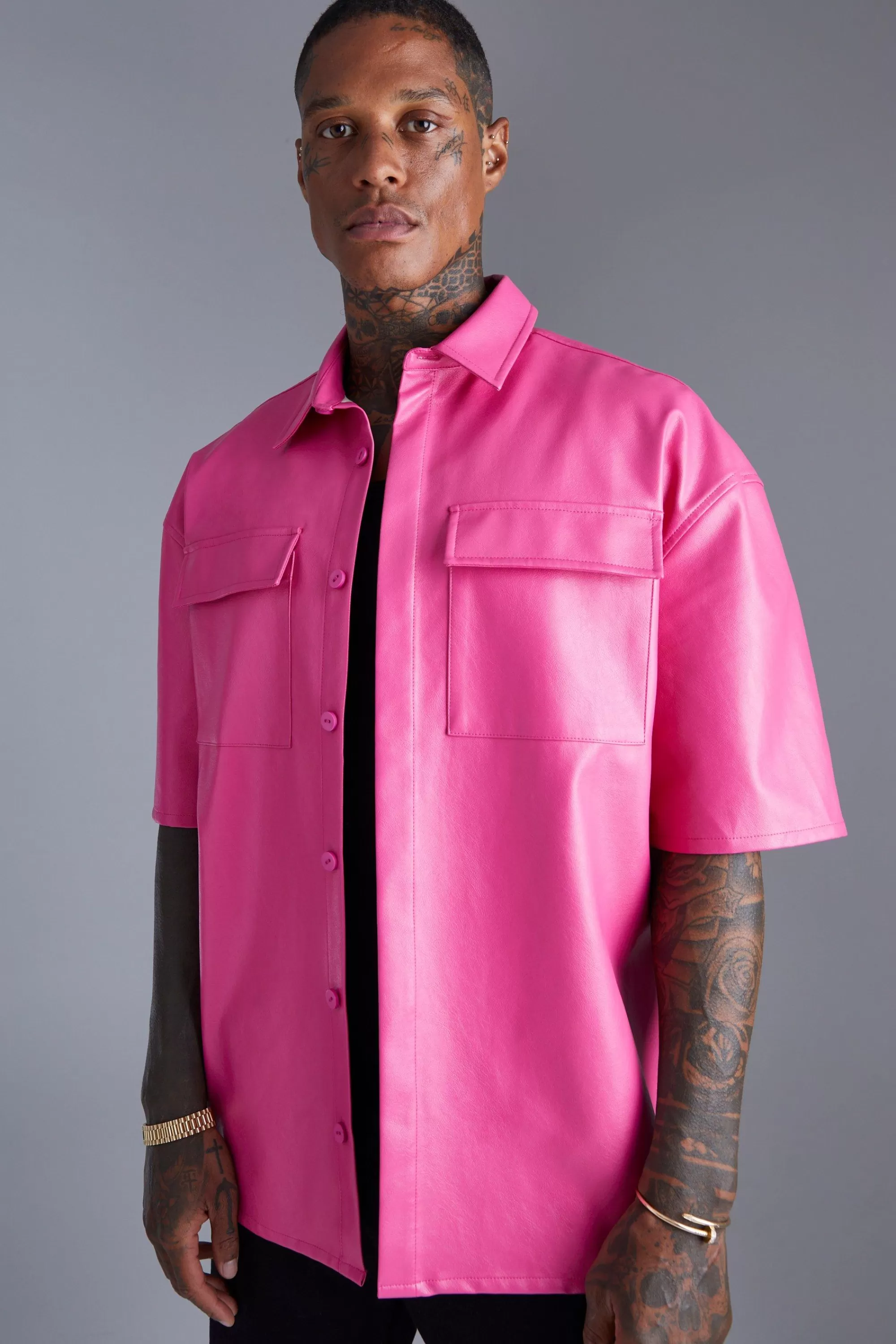 boohooMAN Pu Boxy Oversized Shirt | UK