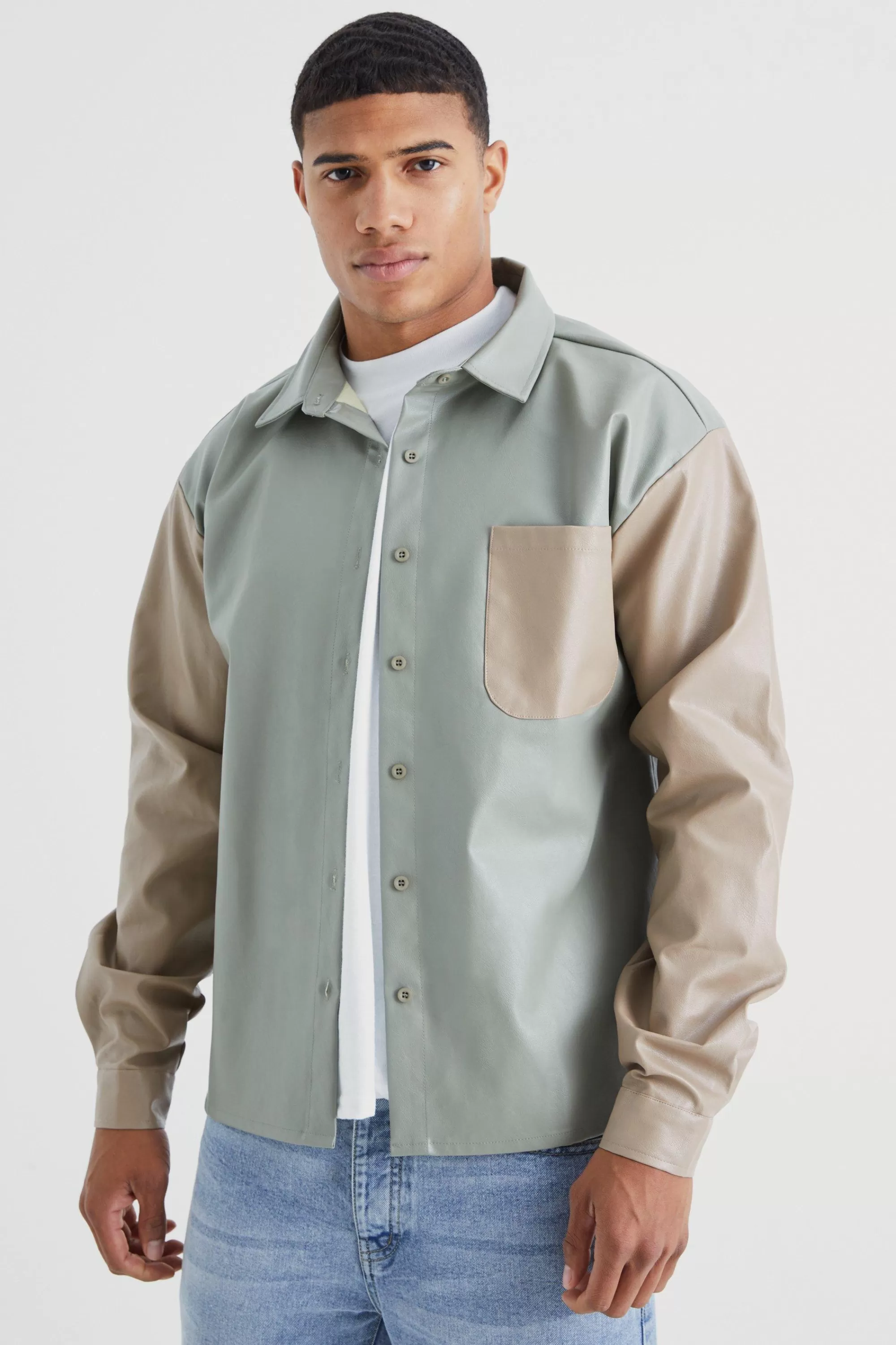 boohooMAN Pu Colour Block Pocket Overshirt | UK