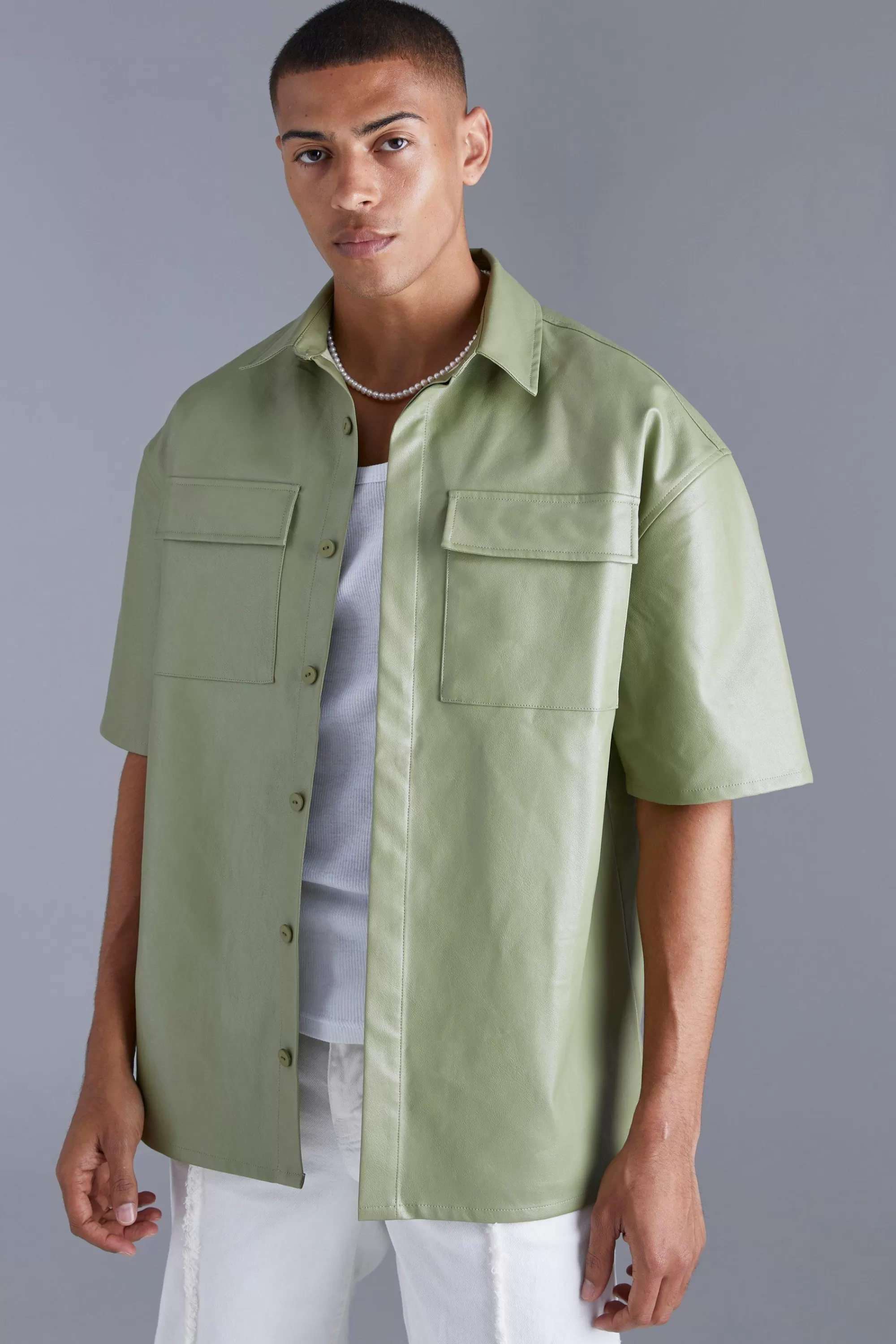 boohooMAN Pu Oversized Boxy Shirt | UK