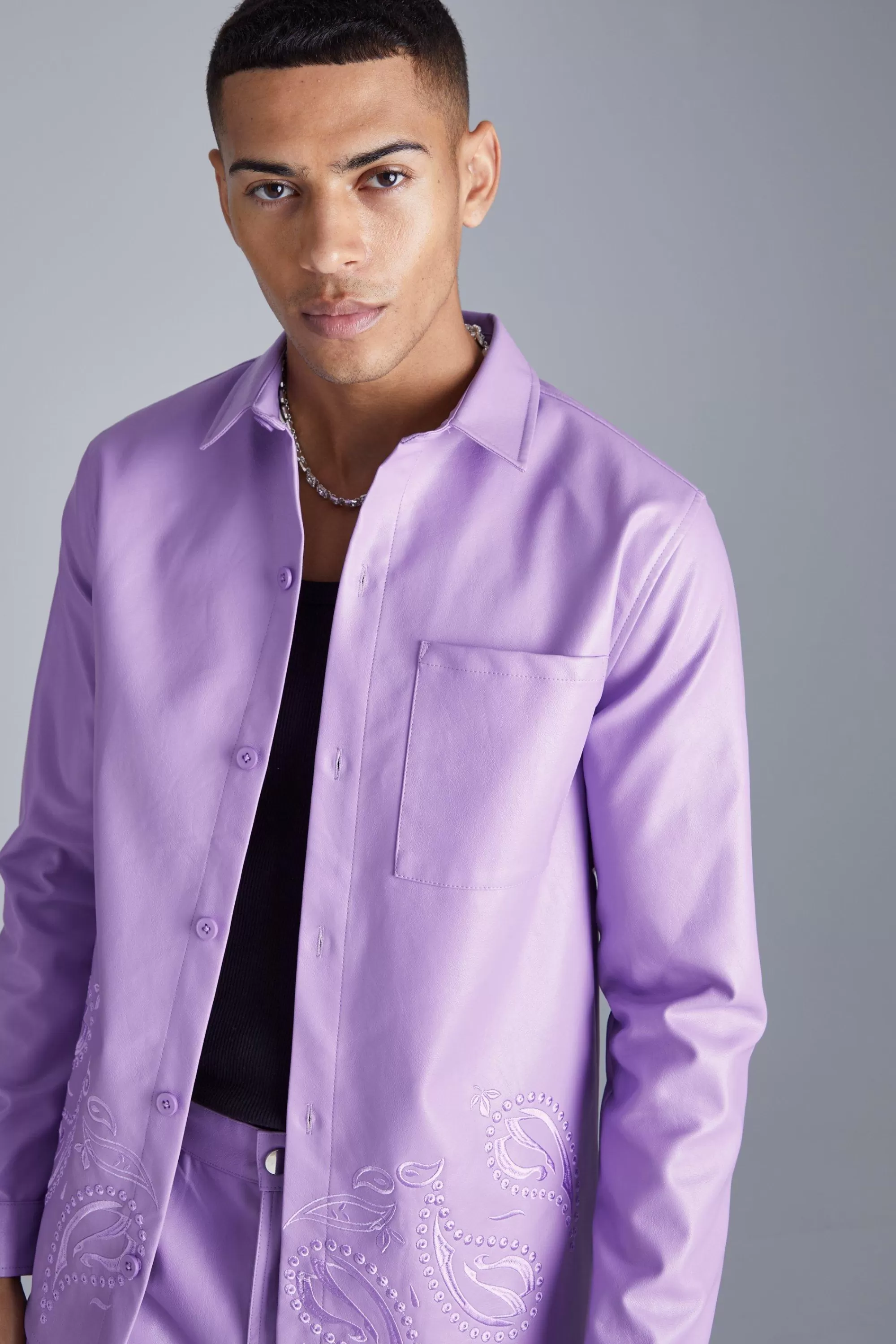 boohooMAN Pu Paisley Embroidered Overshirt | UK