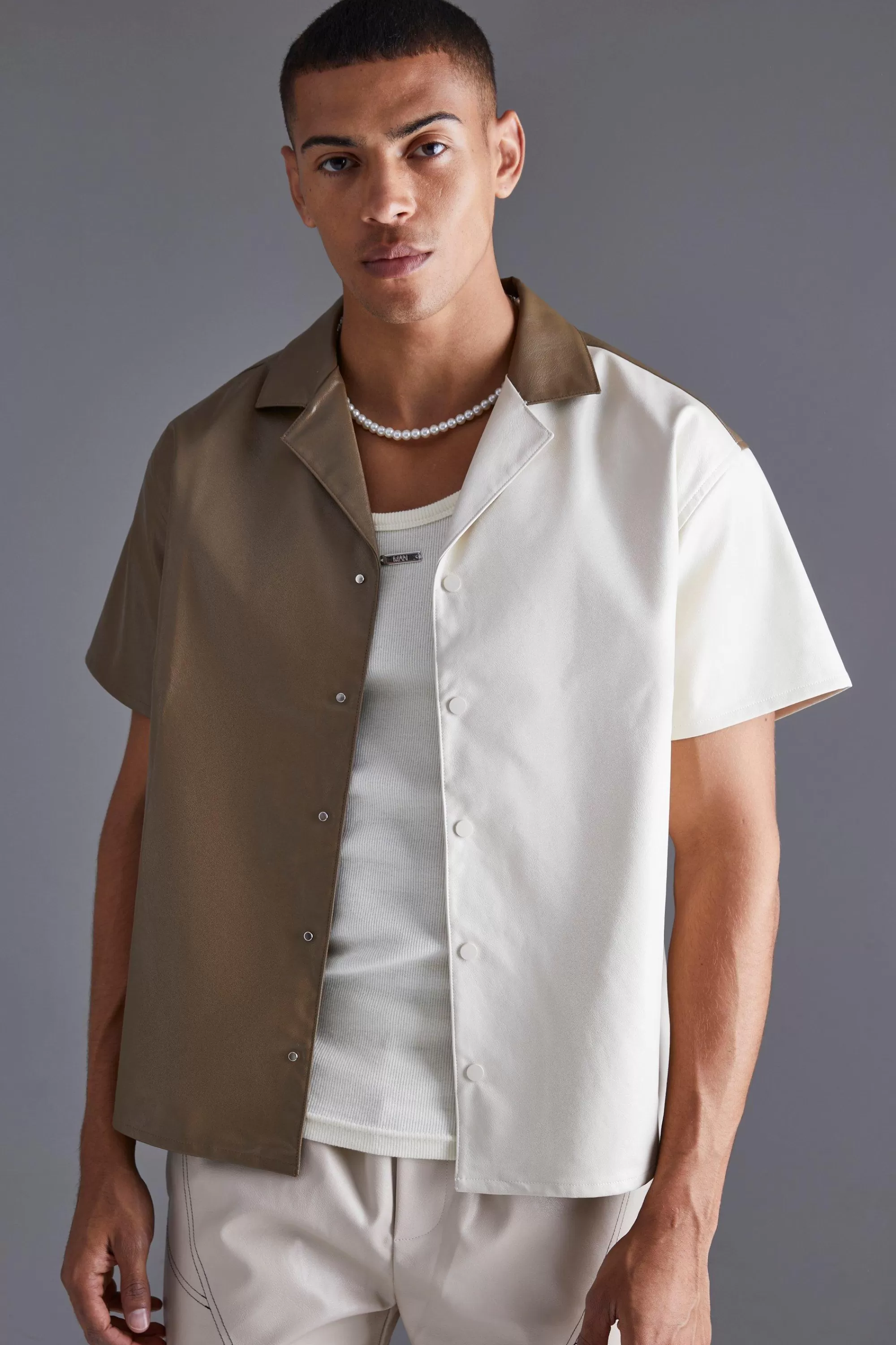 boohooMAN Pu Spliced Boxy Shirt | UK