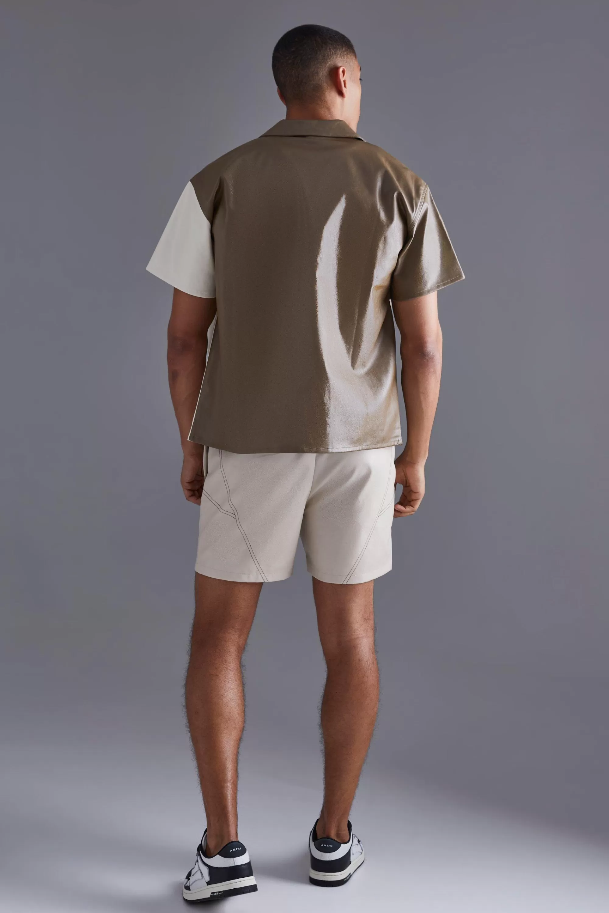 boohooMAN Pu Spliced Boxy Shirt | UK