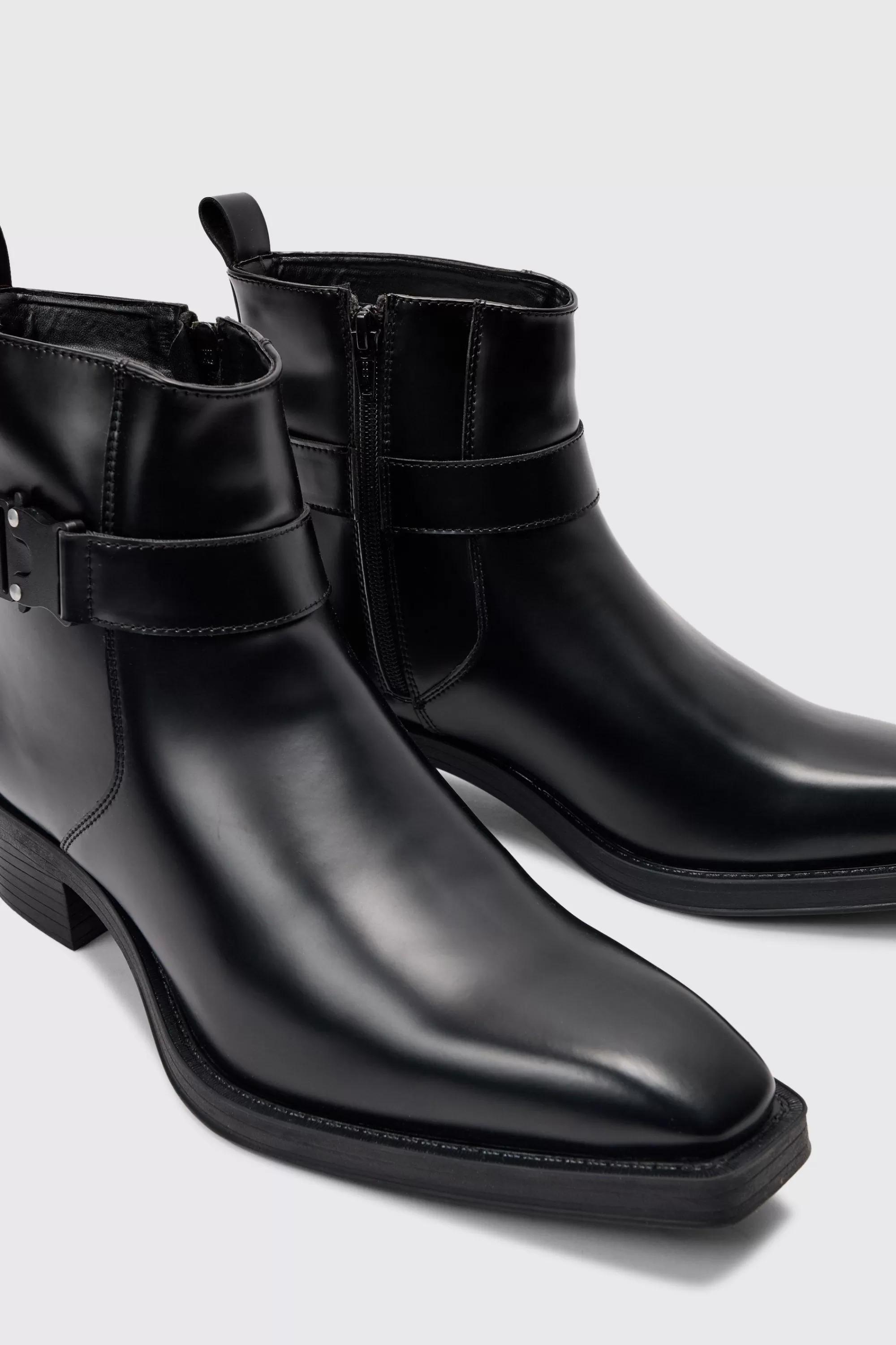 boohooMAN PU Square Toe Buckle Detail Boot In | UK
