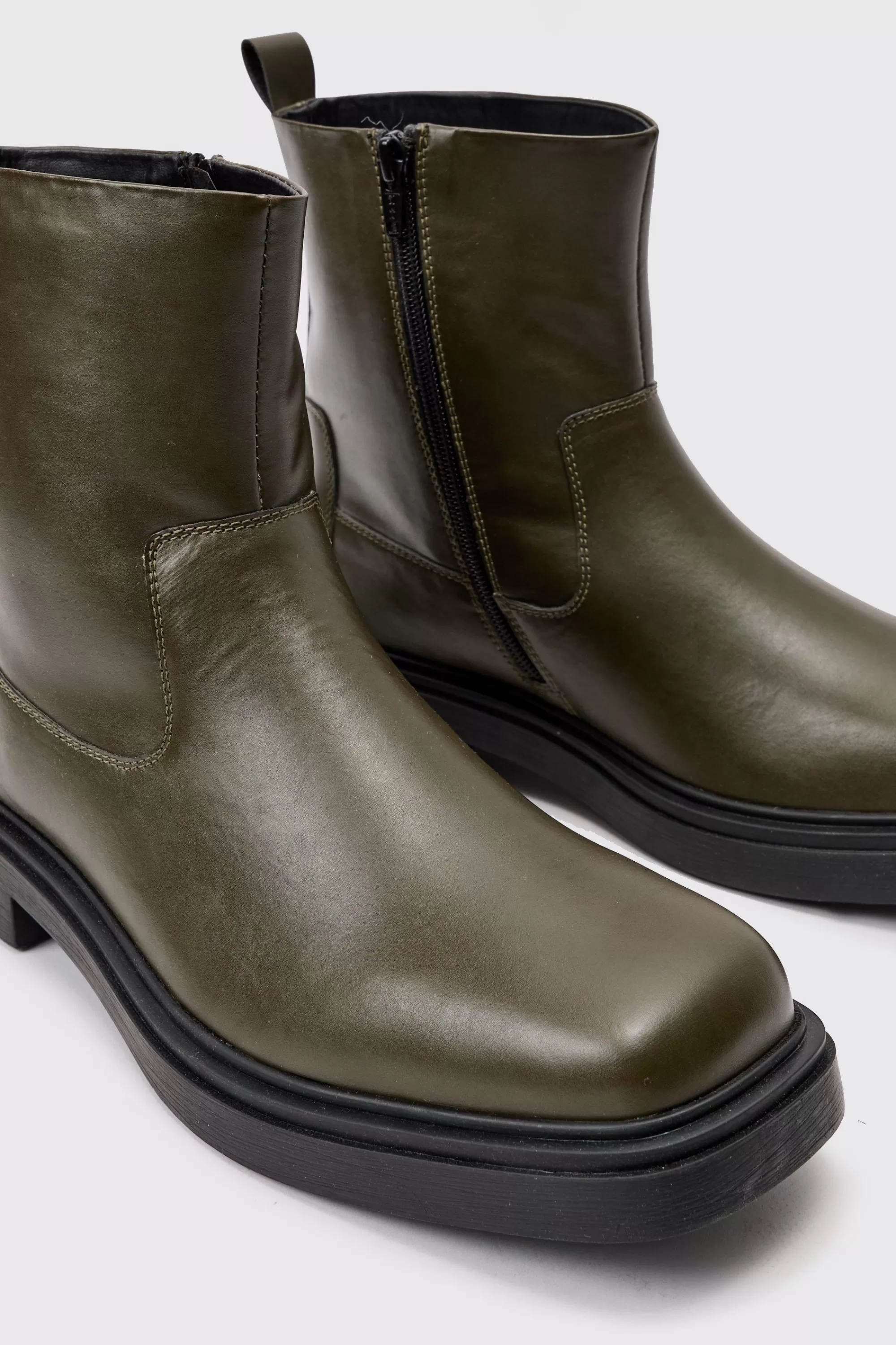 boohooMAN PU Square Toe Zip Up Boot In | UK