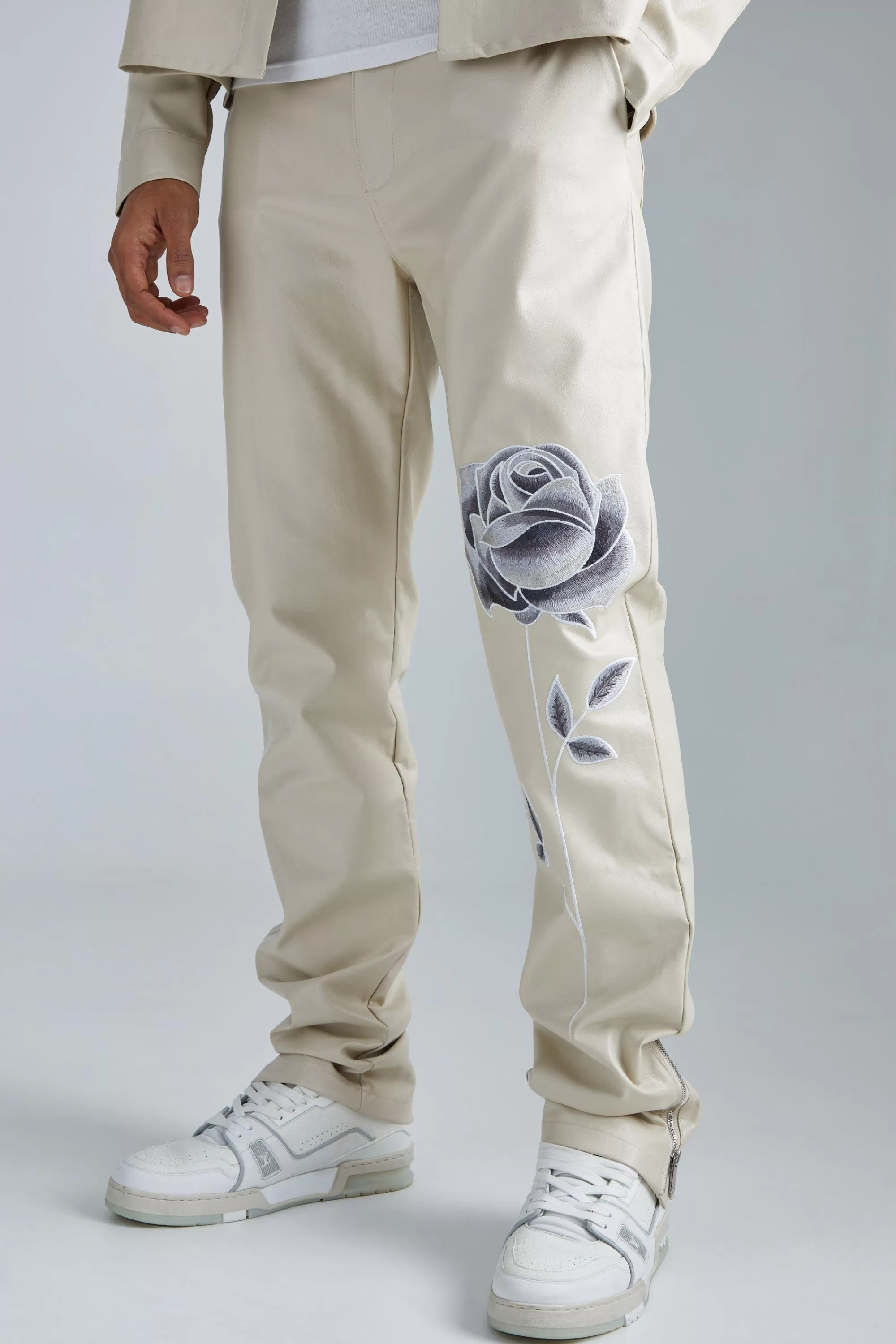 boohooMAN Pu Stacked Straight Leg Zip Gusset Embroidered Trouser | UK