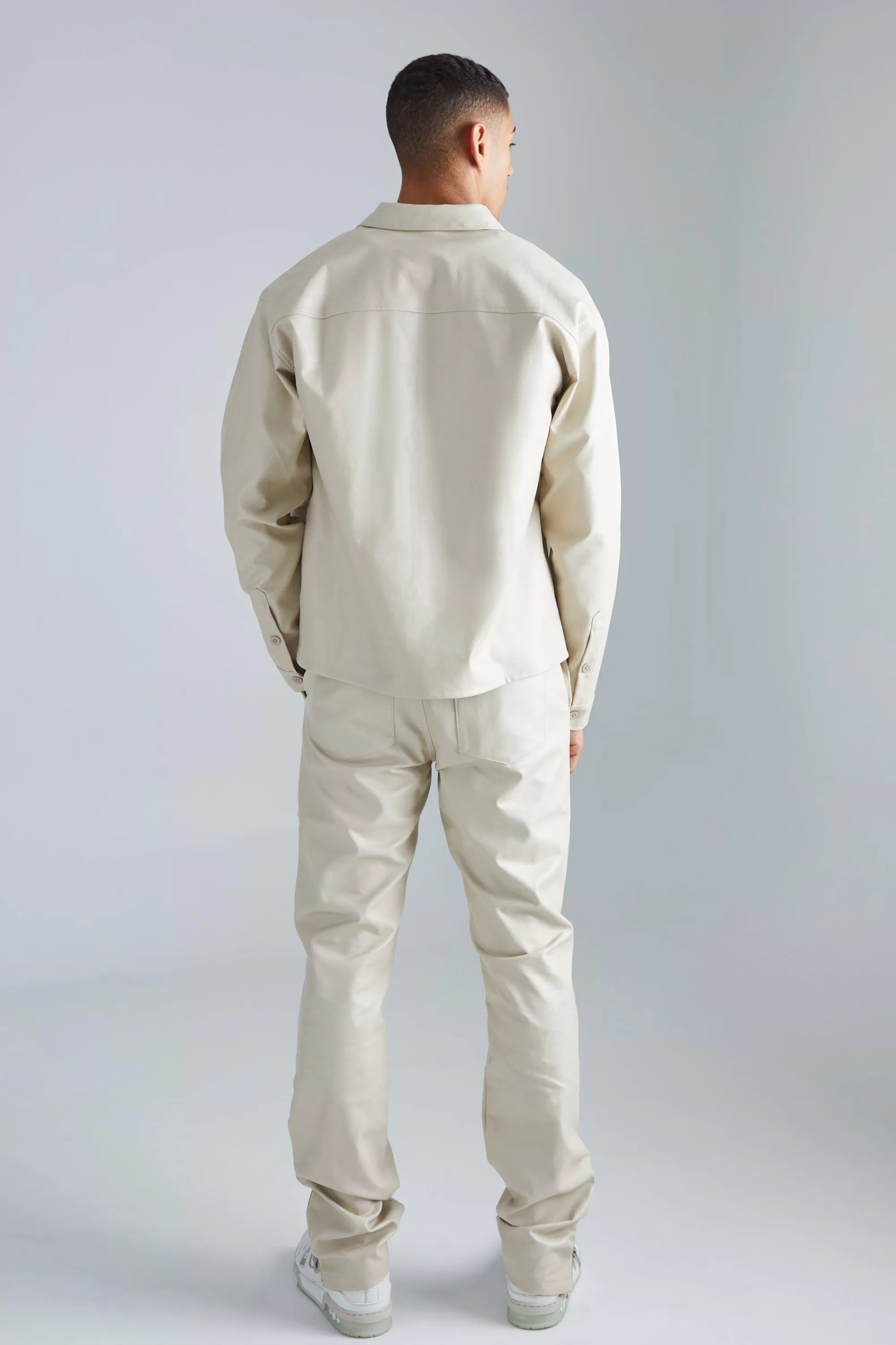 boohooMAN Pu Stacked Straight Leg Zip Gusset Embroidered Trouser | UK