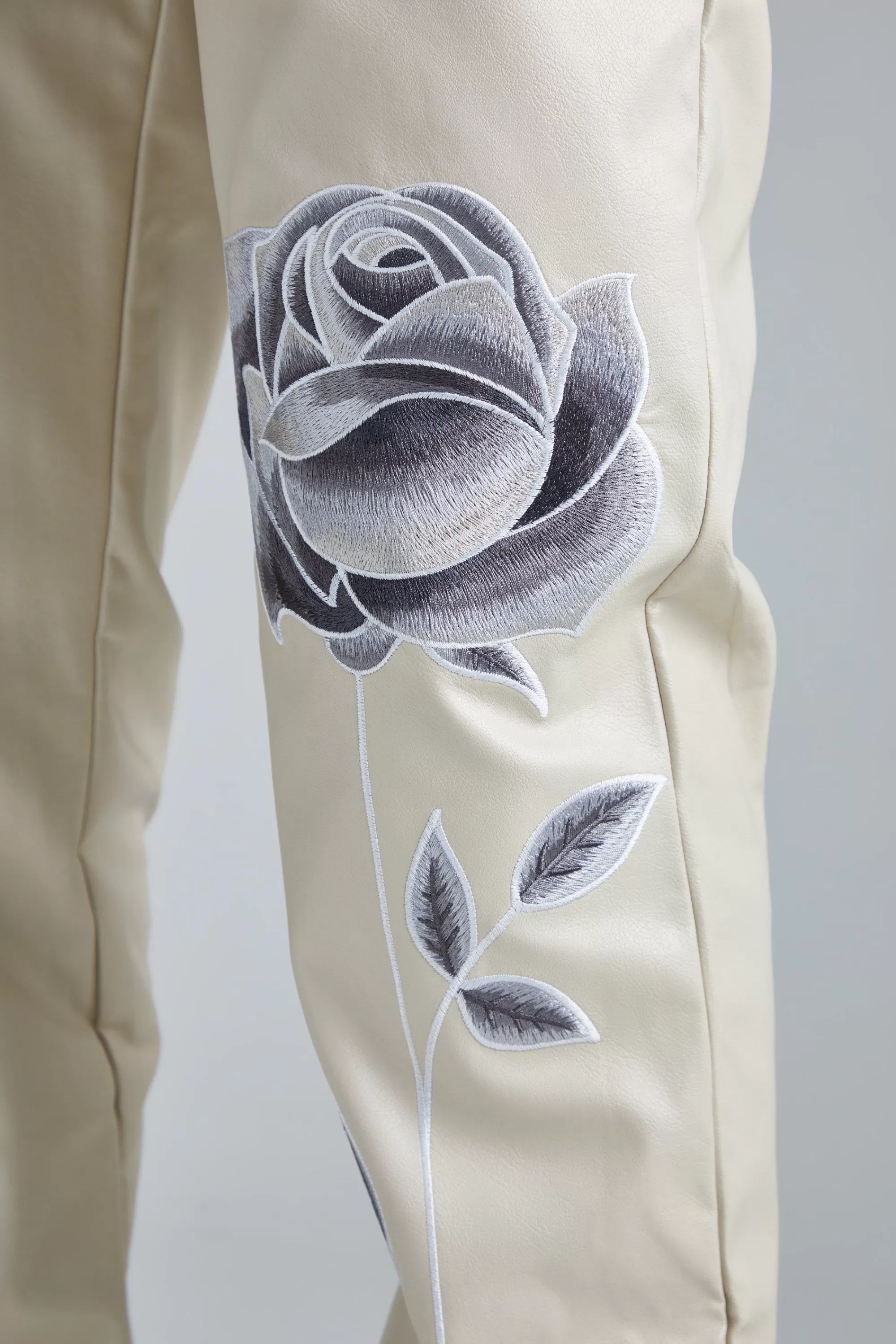 boohooMAN Pu Stacked Straight Leg Zip Gusset Embroidered Trouser | UK