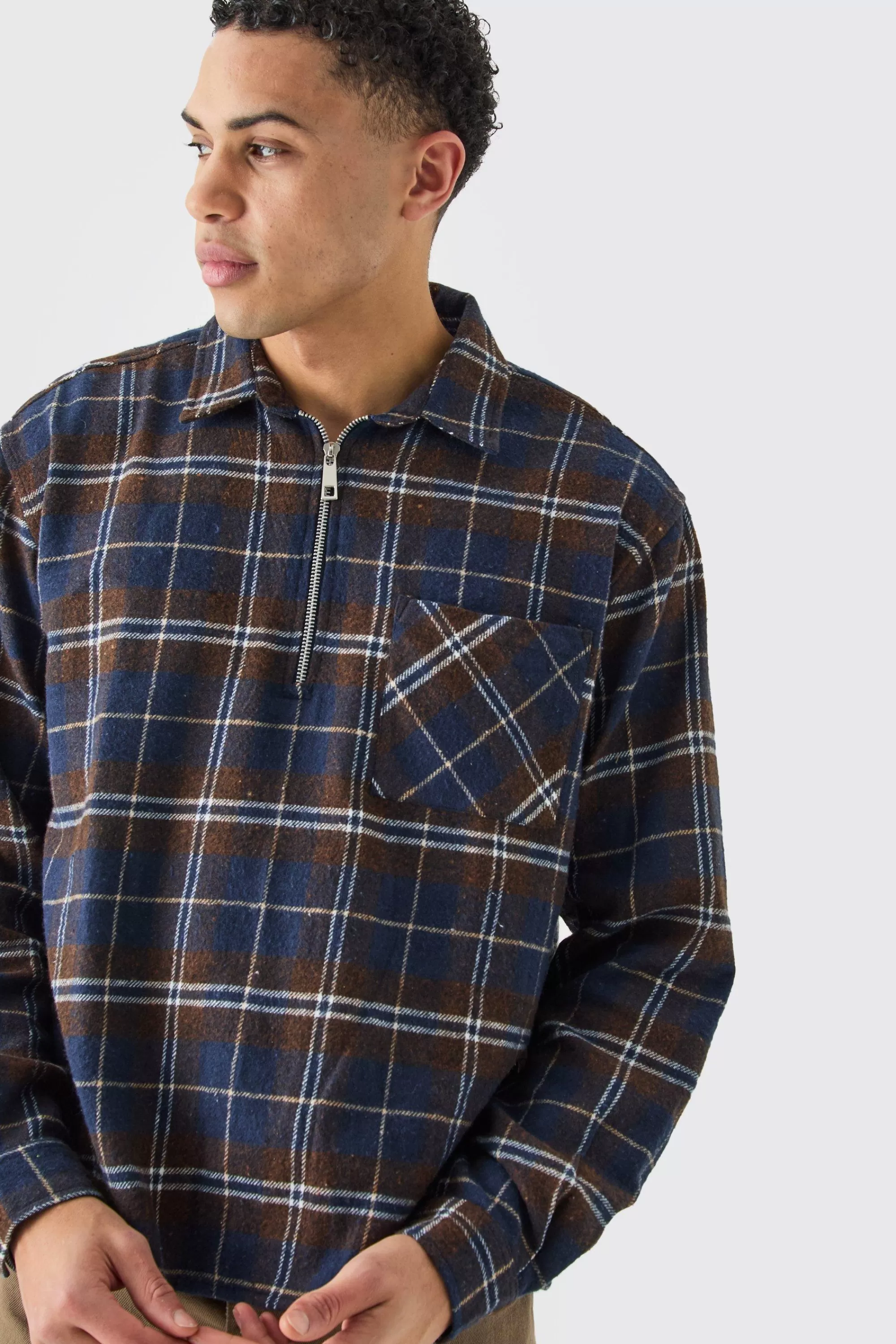 boohooMAN Quarter Zip Brushed Check Shirt | UK