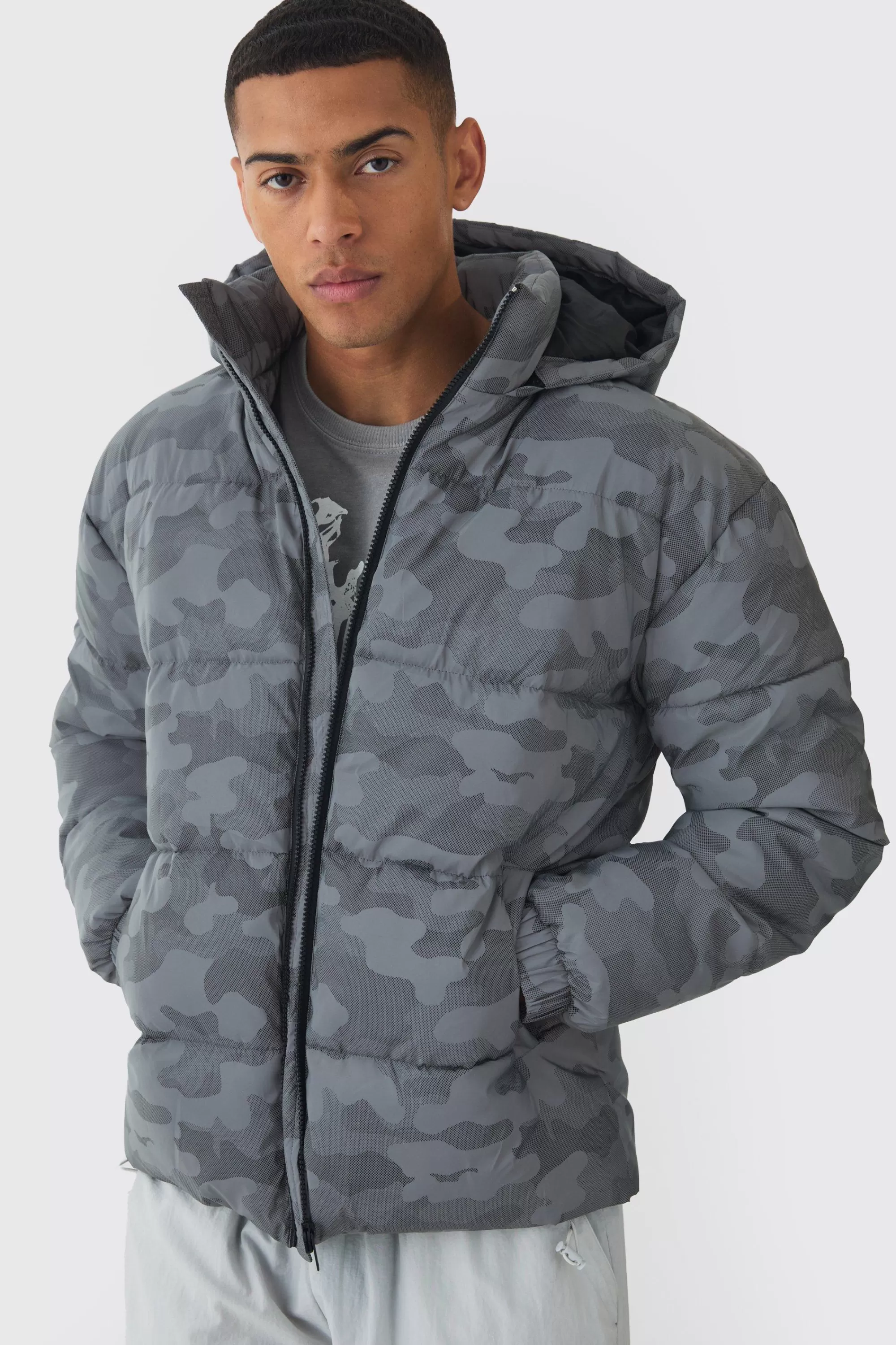 boohooMAN Reflective Camo Hooded Puffer Coat | UK