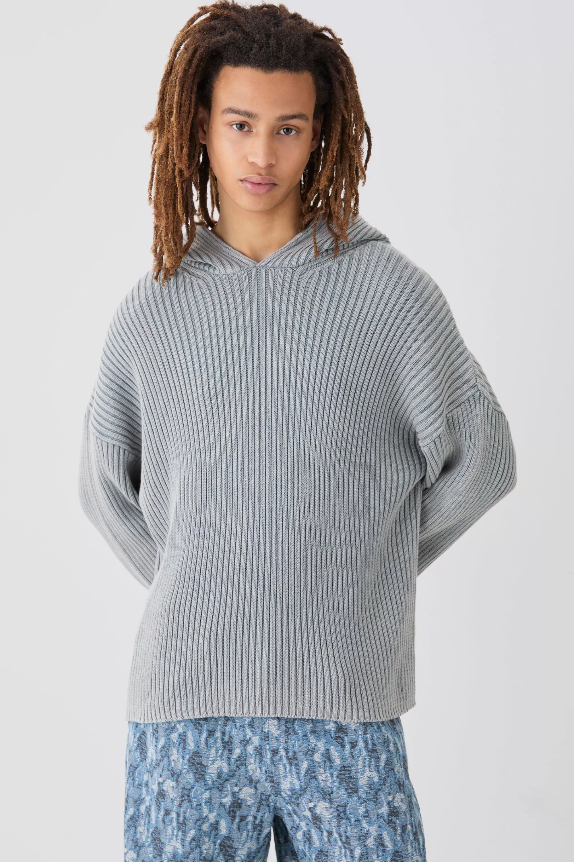 boohooMAN Regular Acid Wash Ribbed Knit Hoodie In | UK