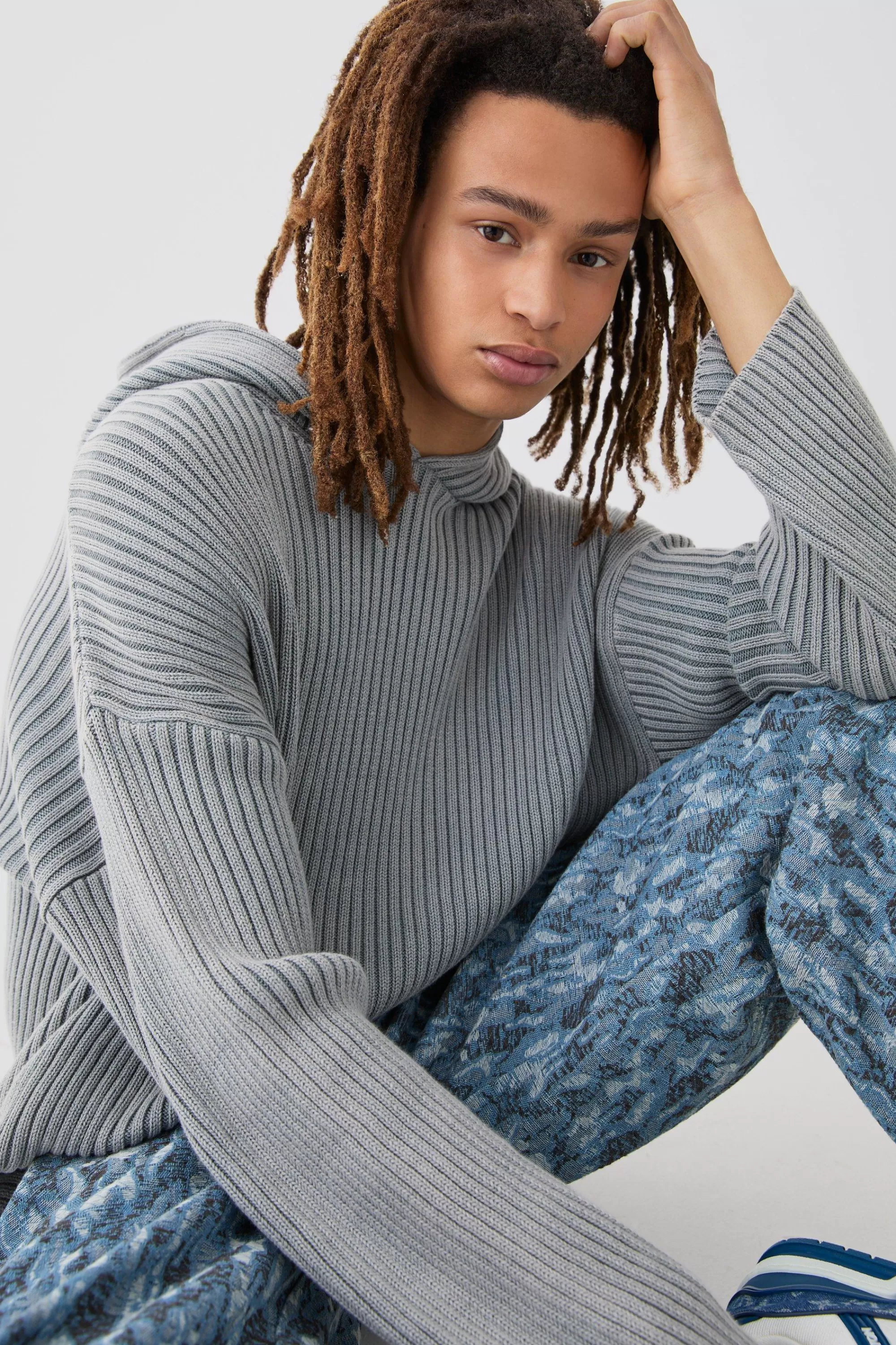 boohooMAN Regular Acid Wash Ribbed Knit Hoodie In | UK