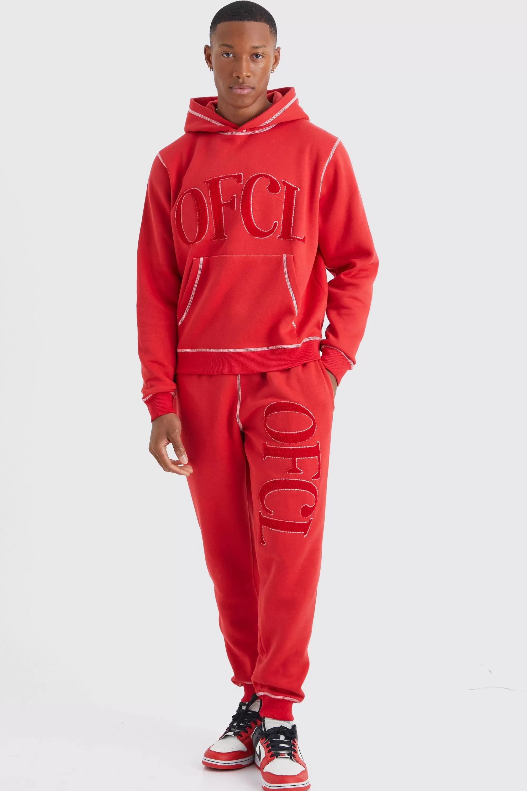 boohooMAN Regular Contrast Stitch Borg Applique Tracksuit | UK