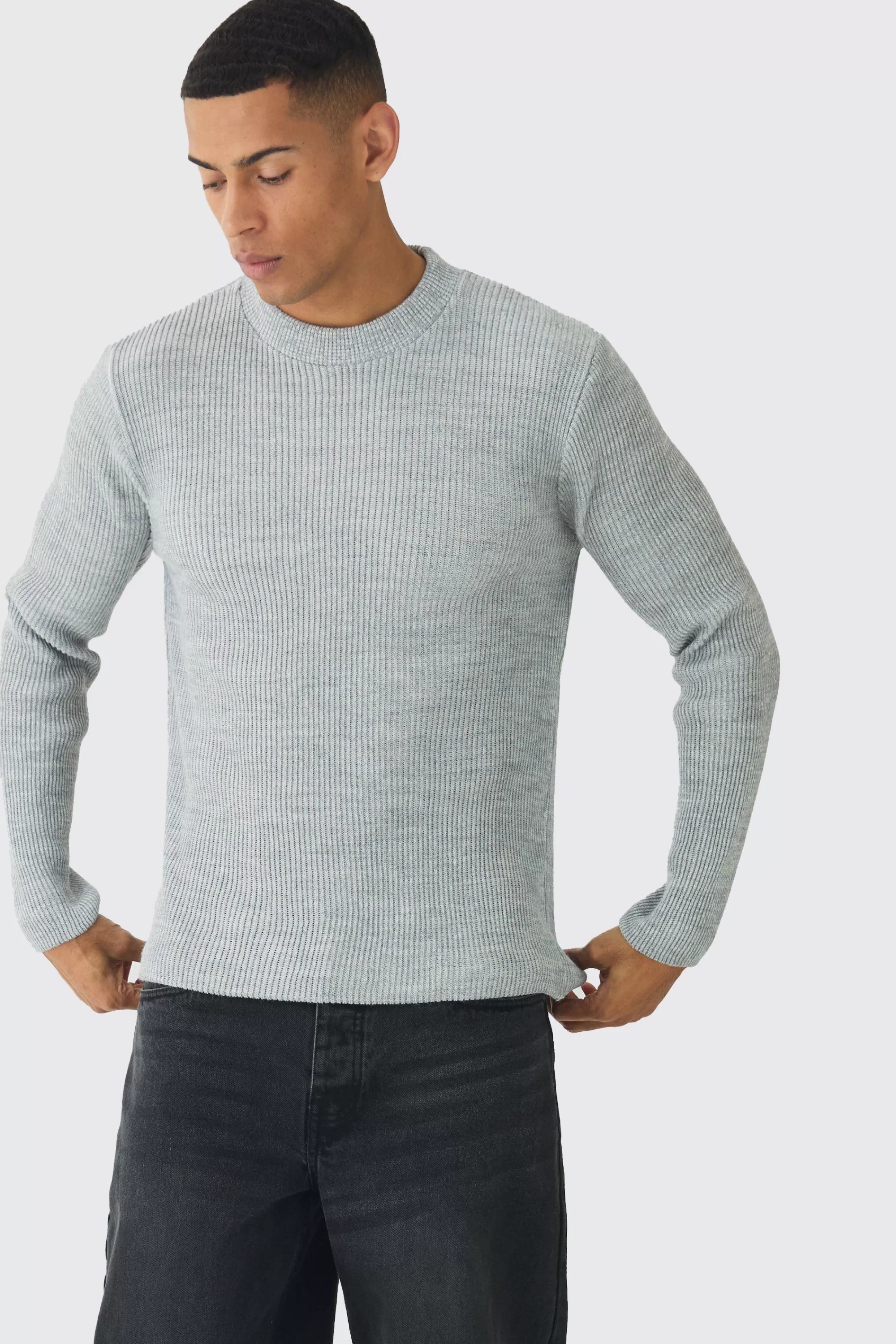 boohooMAN Regular Crew Neck Plated Ribbed Knit Jumper | UK