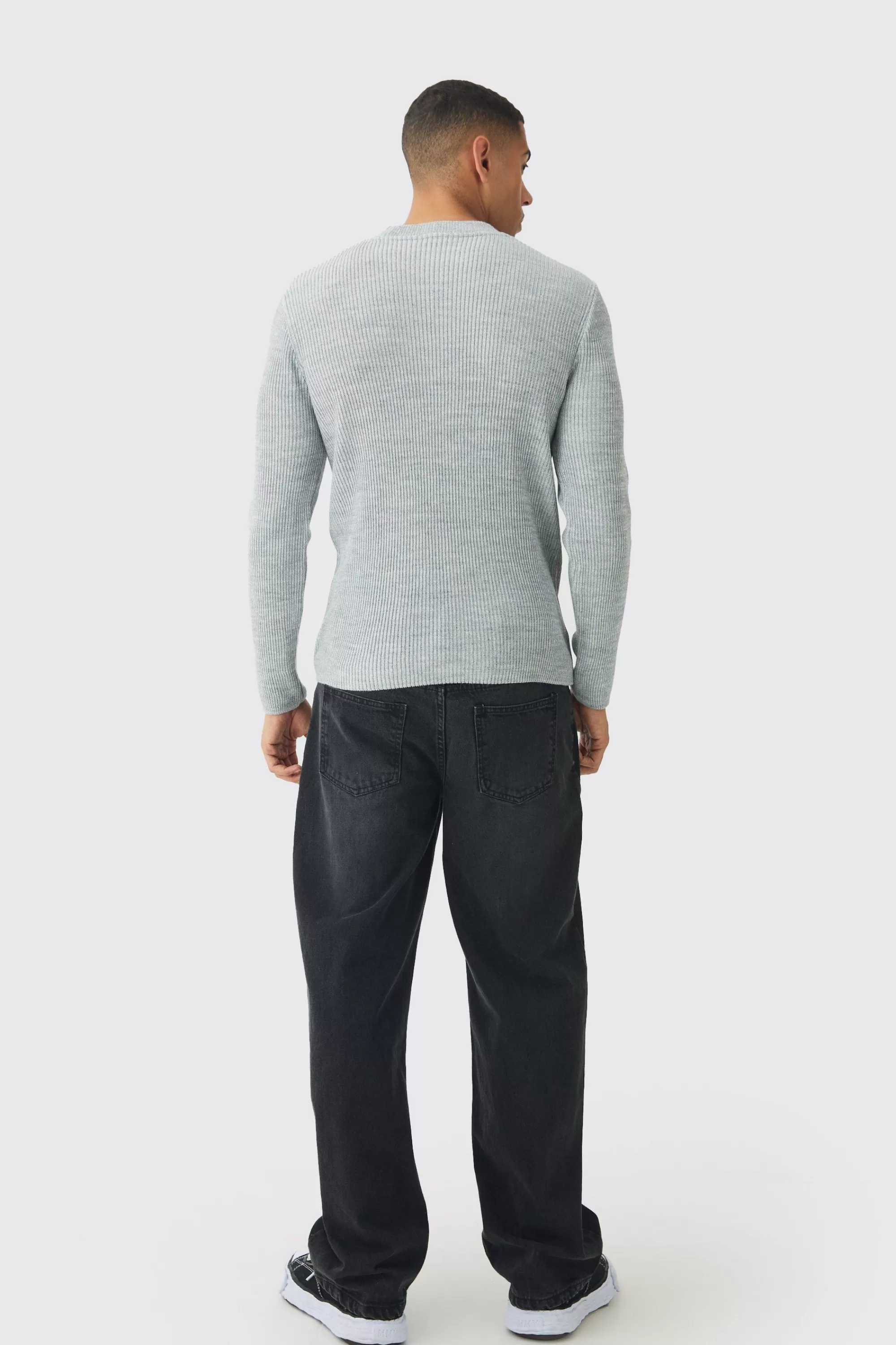 boohooMAN Regular Crew Neck Plated Ribbed Knit Jumper | UK