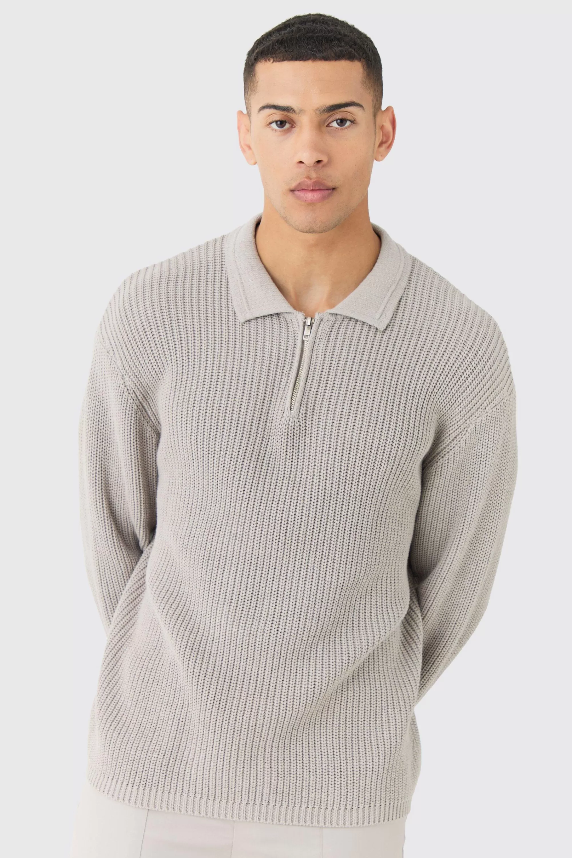 boohooMAN Regular Fit 1/4 Zip Funnel Fisherman Knit Jumper | UK