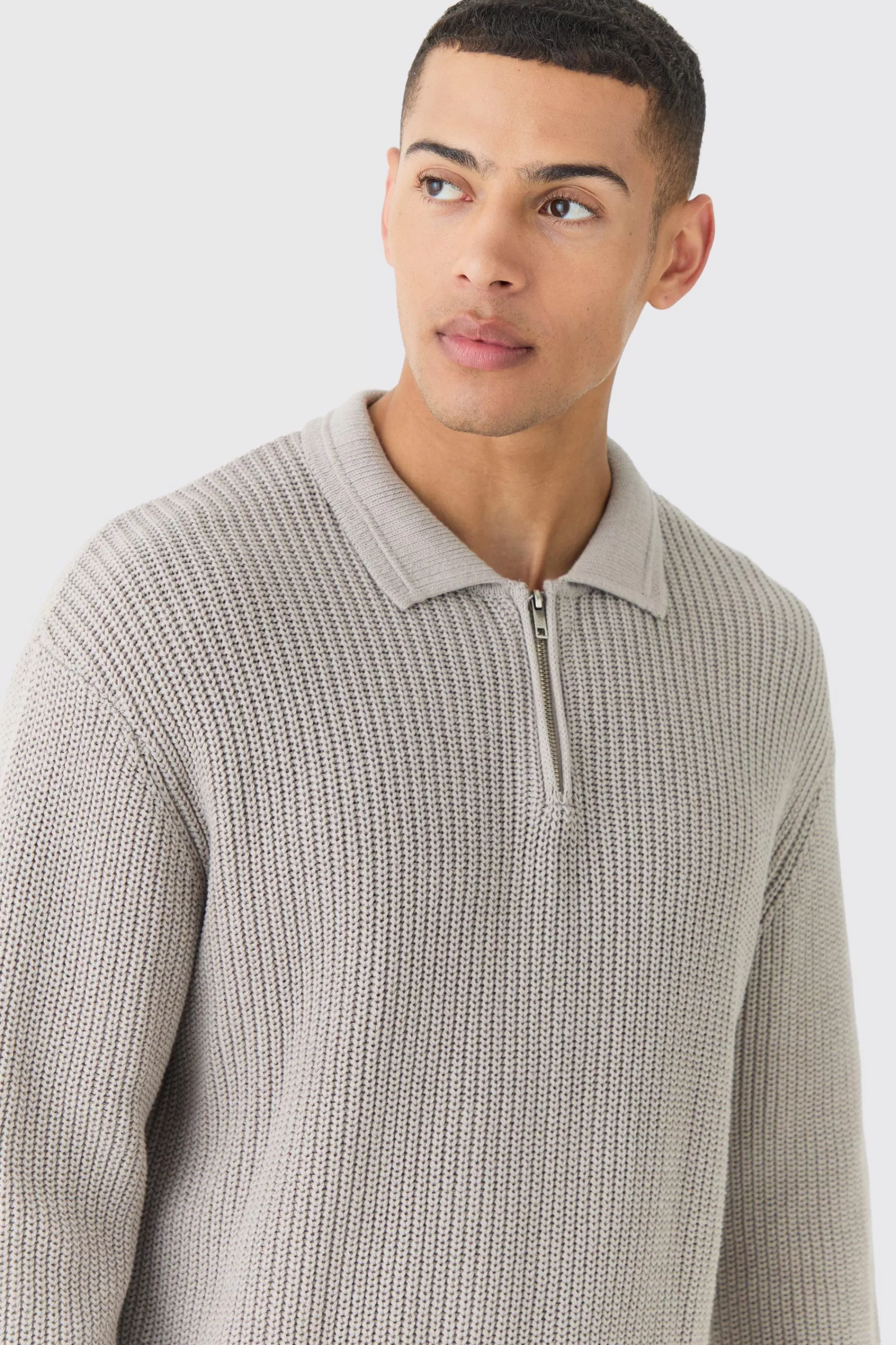 boohooMAN Regular Fit 1/4 Zip Funnel Fisherman Knit Jumper | UK