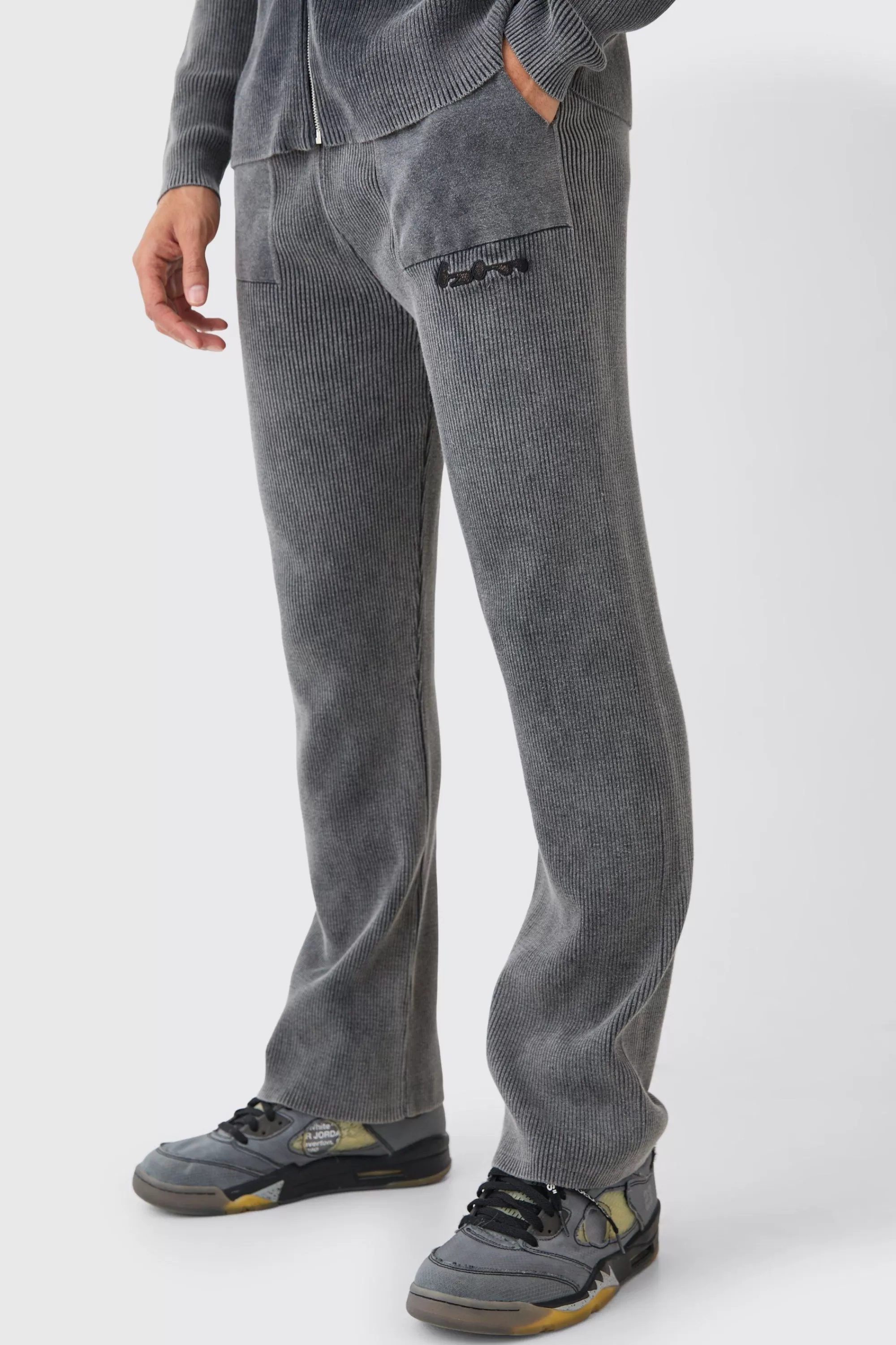 boohooMAN Regular Fit Acid Wash Ribbed Knitted Joggers | UK