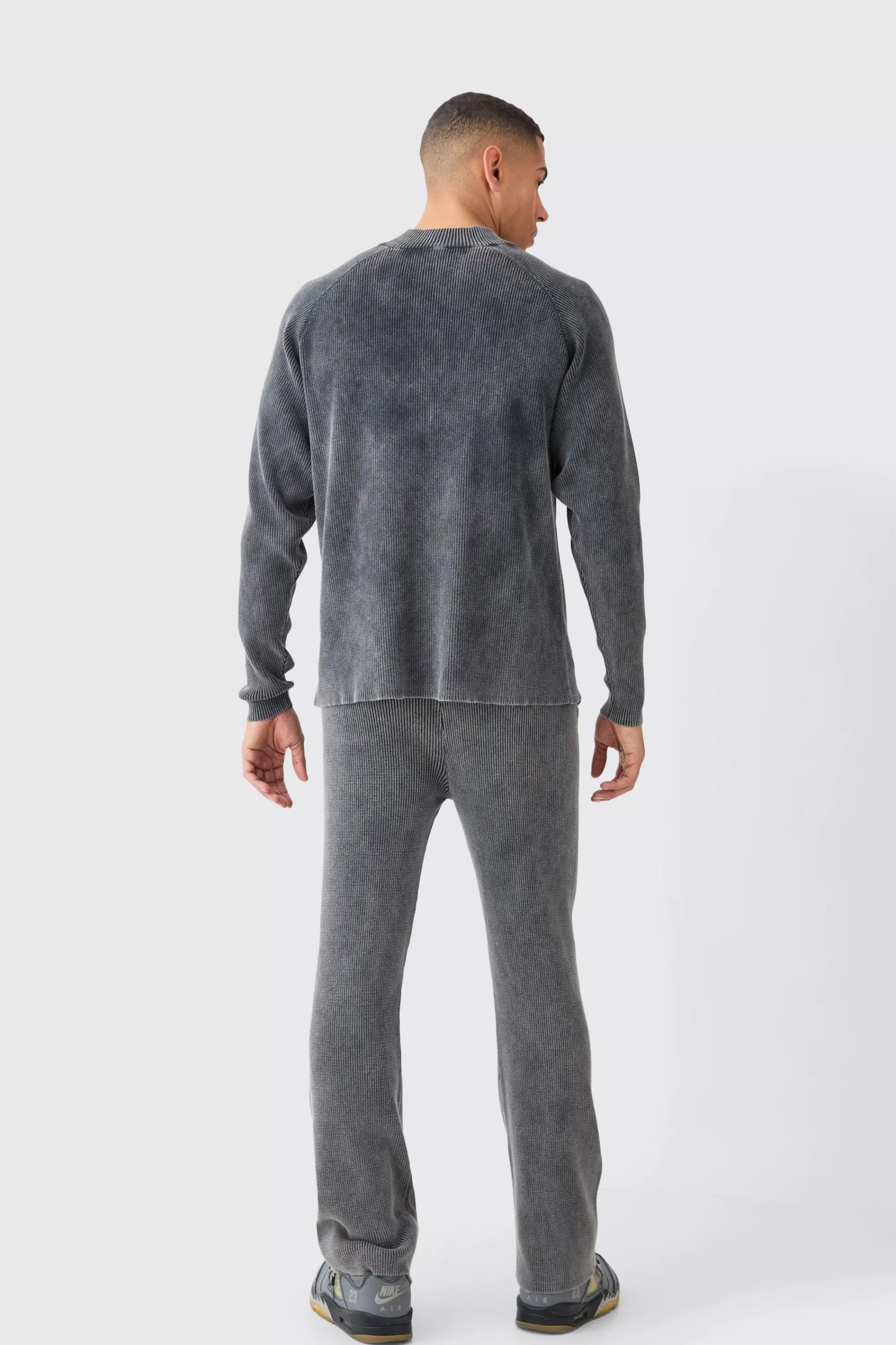 boohooMAN Regular Fit Acid Wash Ribbed Knitted Joggers | UK