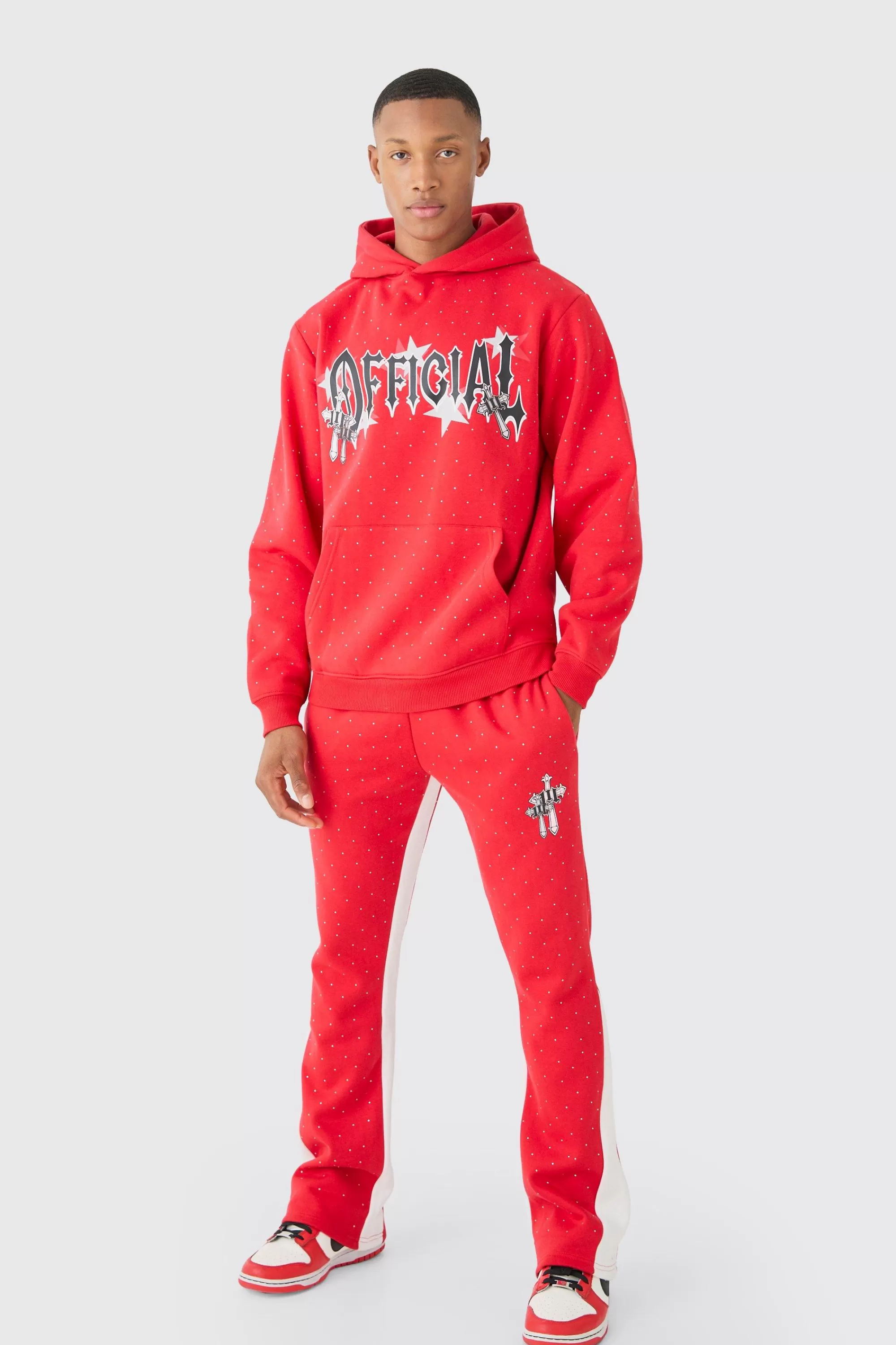 boohooMAN Regular Fit All Over Rhinestone Official Tracksuit | UK