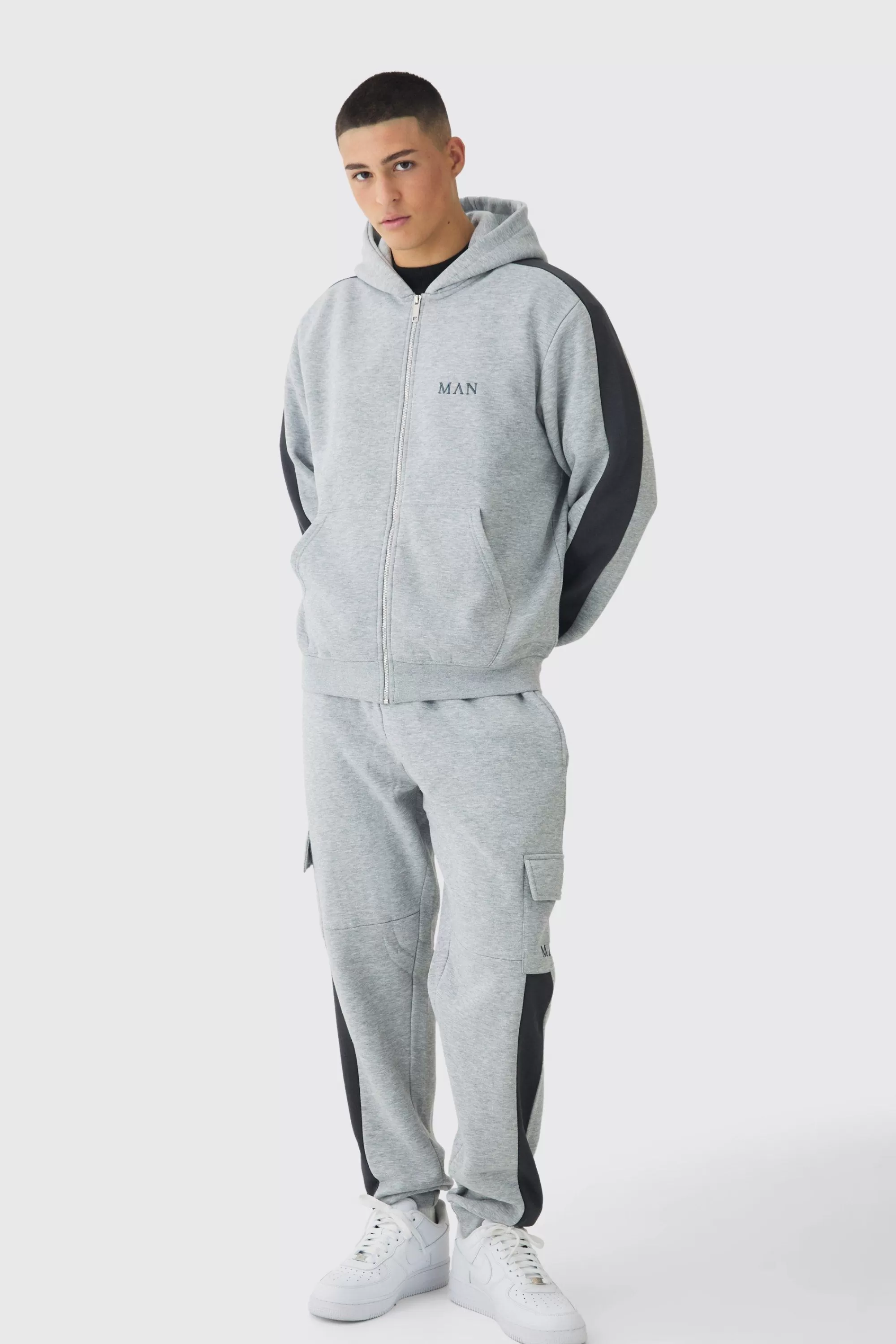 boohooMAN Regular Fit Colour Block Cargo Pocket Zip Through Hooded Tracksuit | UK
