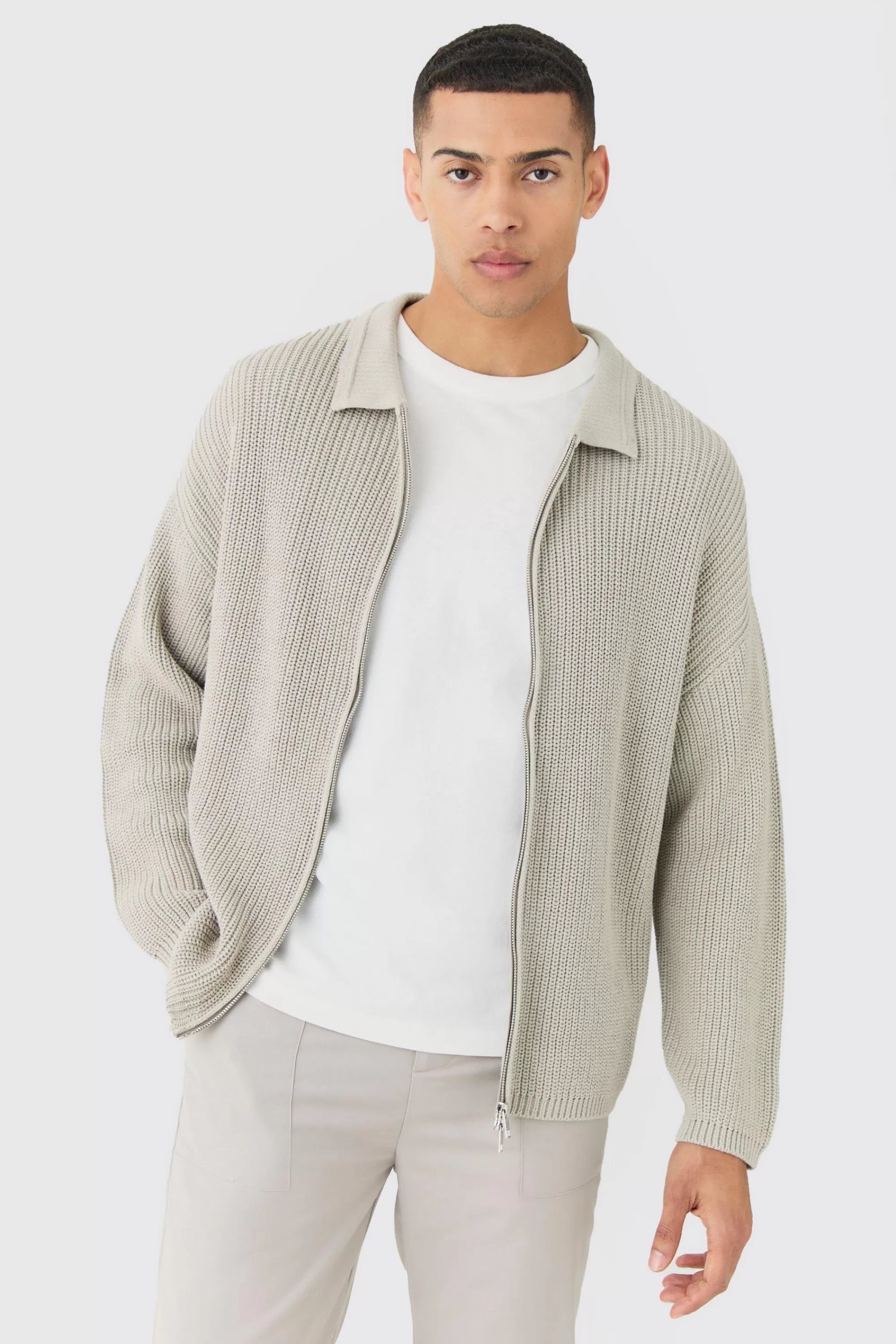boohooMAN Regular Fit Dual Zip Through Fisherman Knit Jumper | UK