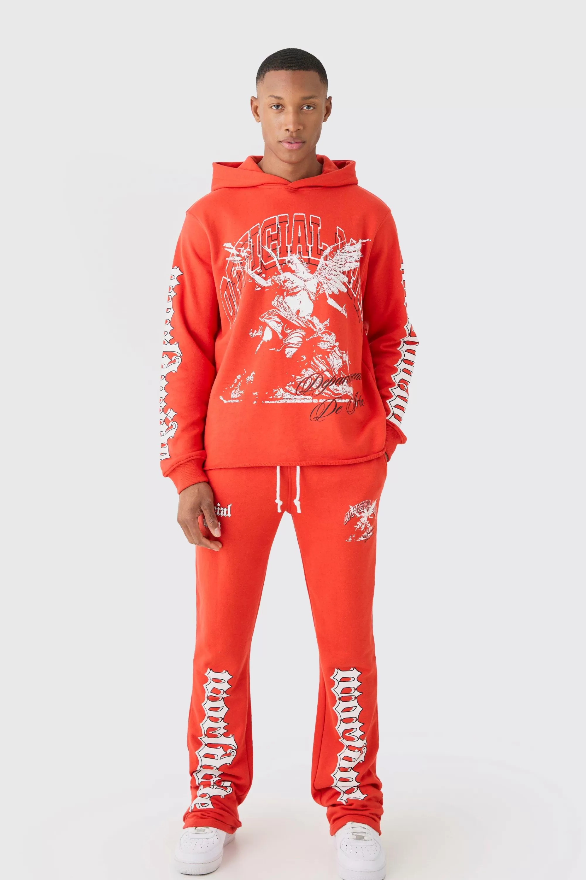 boohooMAN Regular Fit Large Graphic Raw Hem Fla Tracksuit | UK