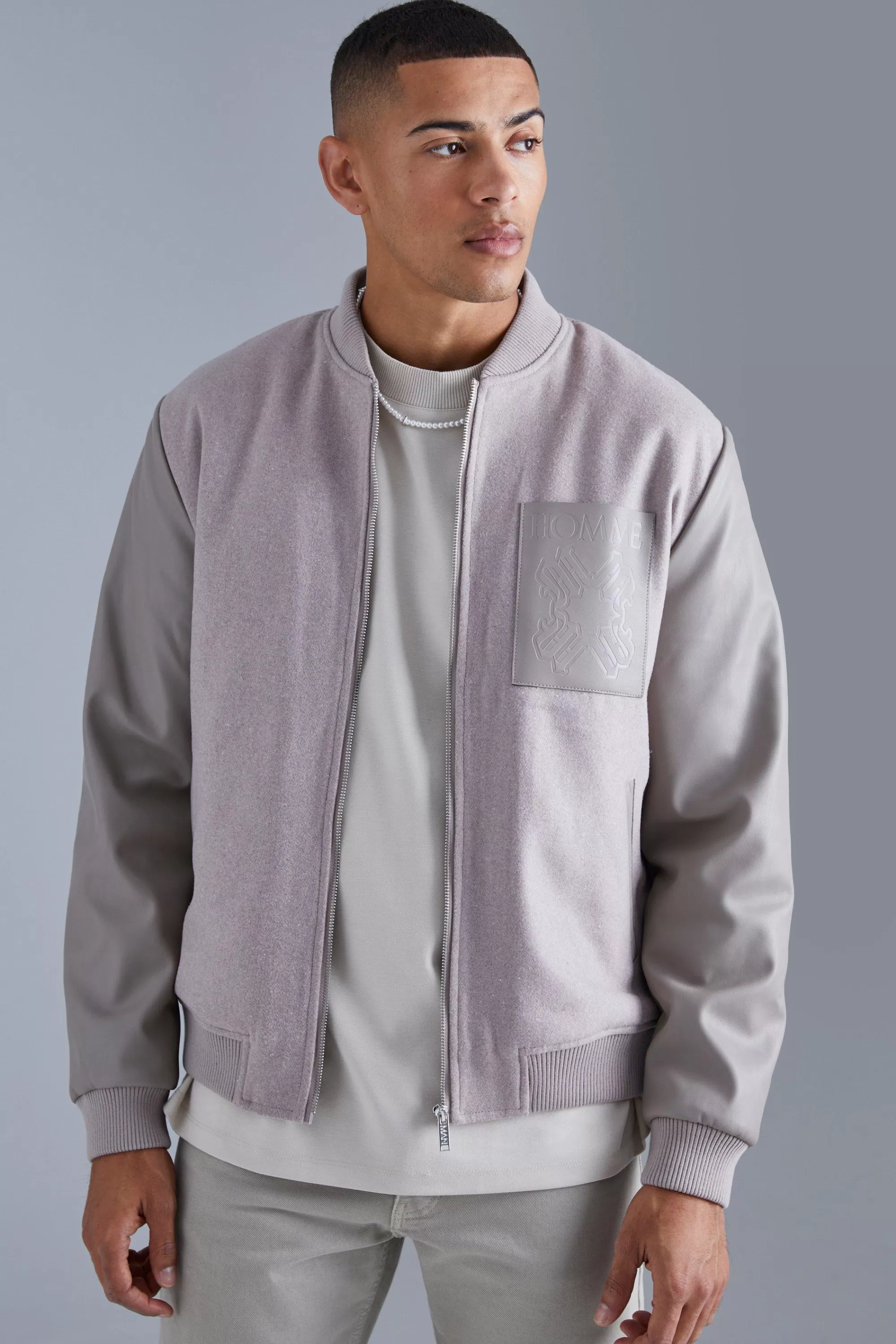 boohooMAN Regular Fit Melton & Pu Patch Bomber | UK