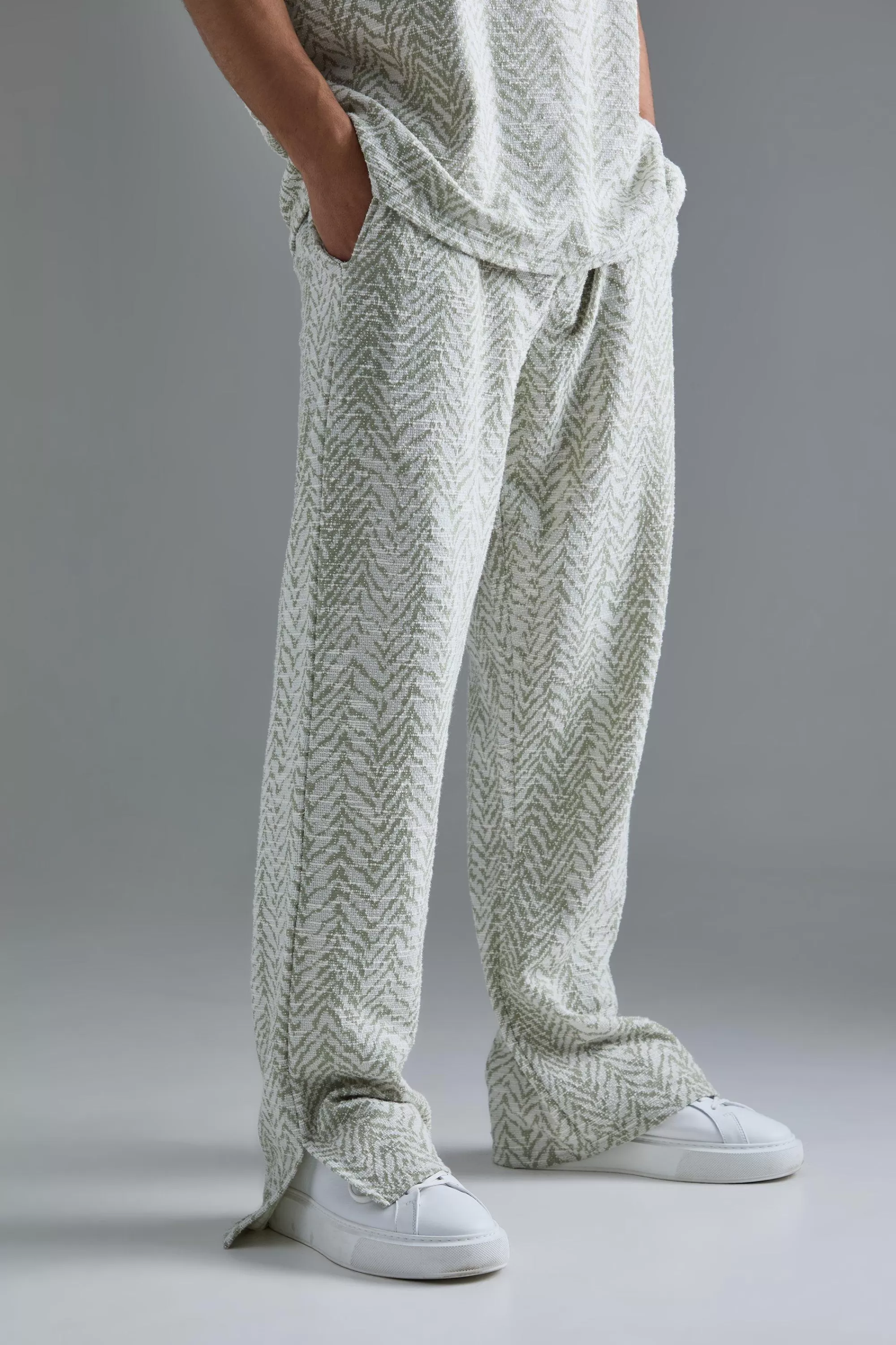 boohooMAN Regular Fit Split Hem Jacquard Trousers | UK