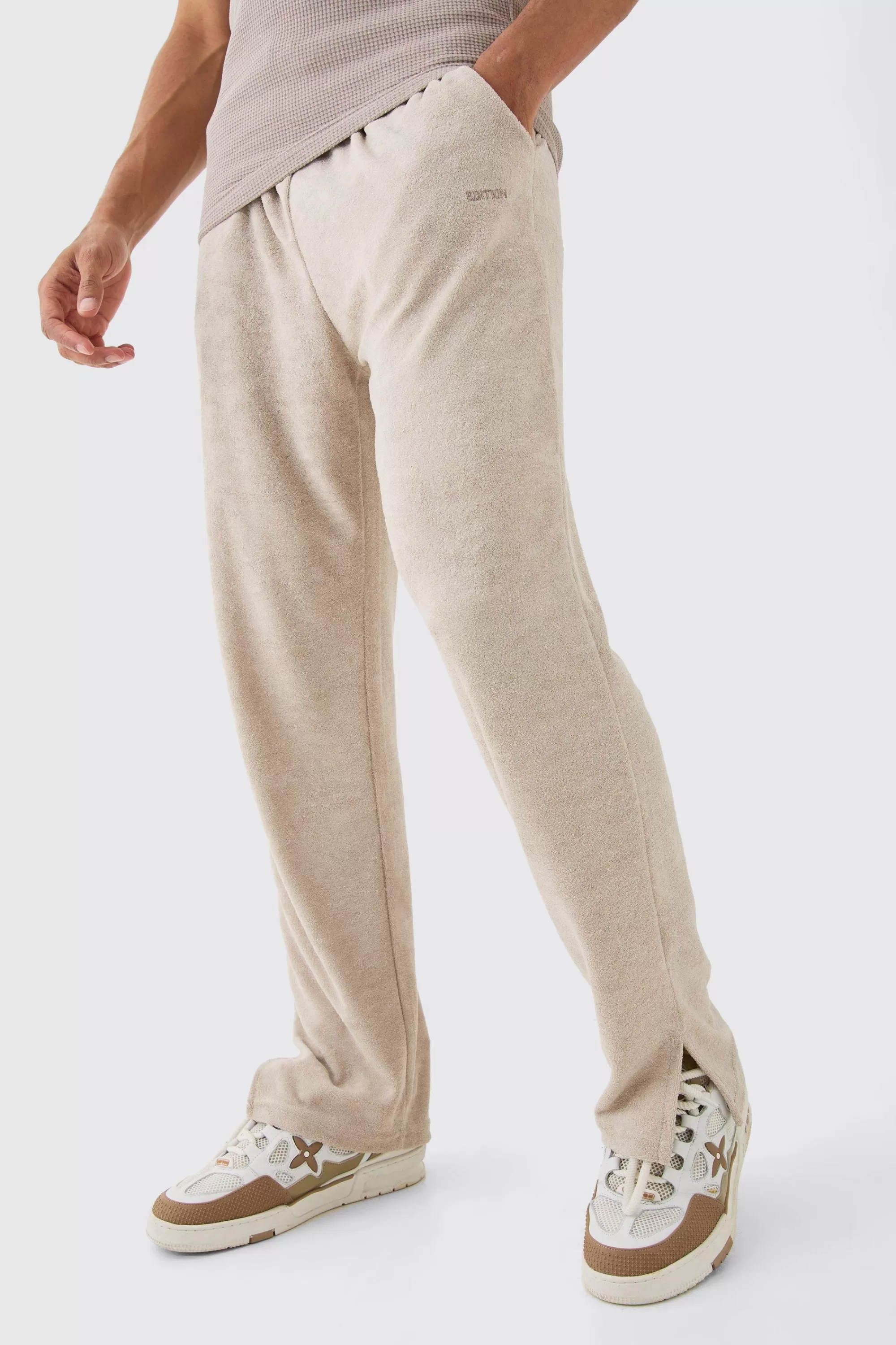 boohooMAN Regular Fit Split Hem Towelling Edition Joggers | UK