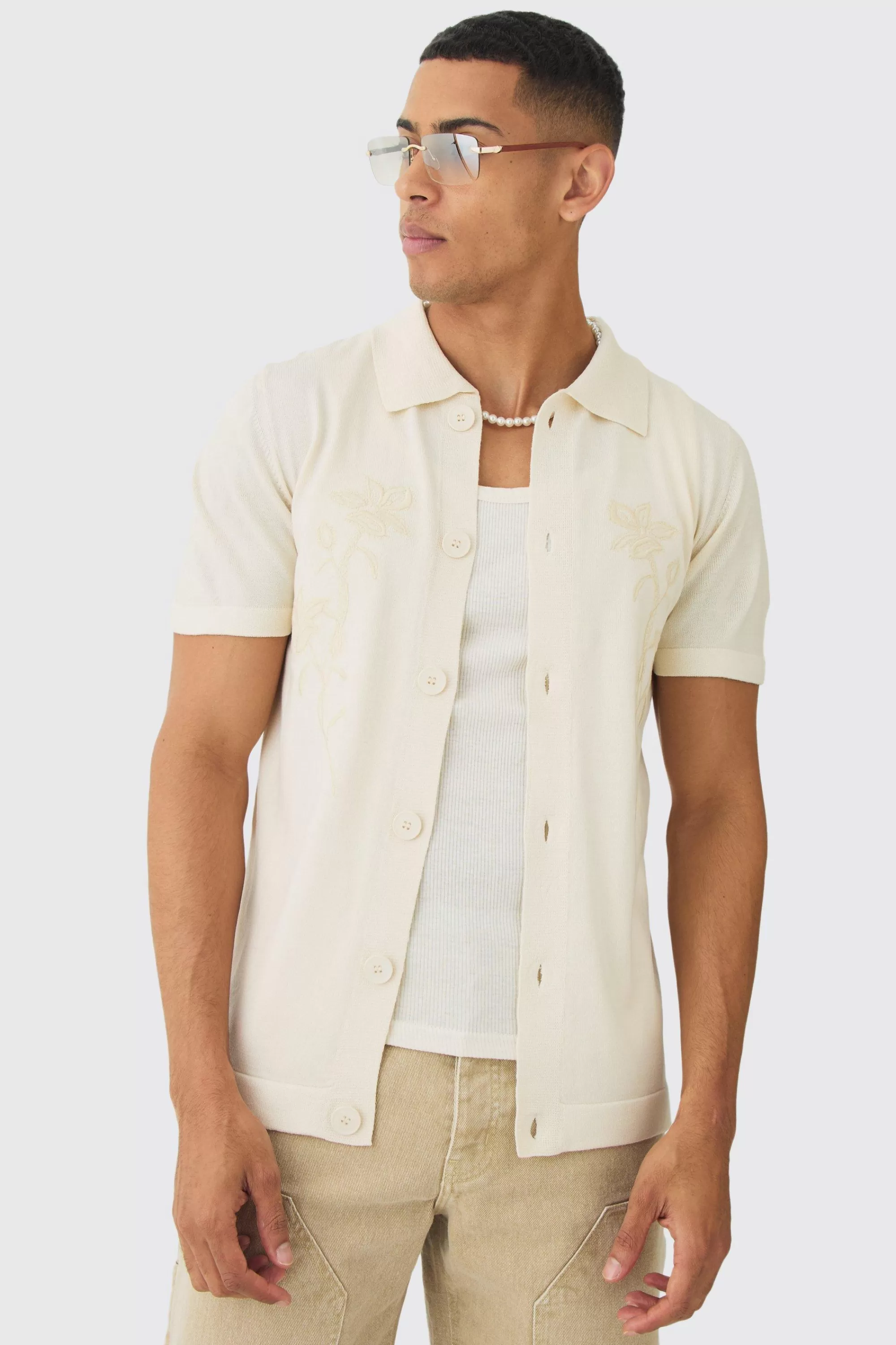 boohooMAN Regular Fit Tonal Embroidered Knitted Shirt | UK
