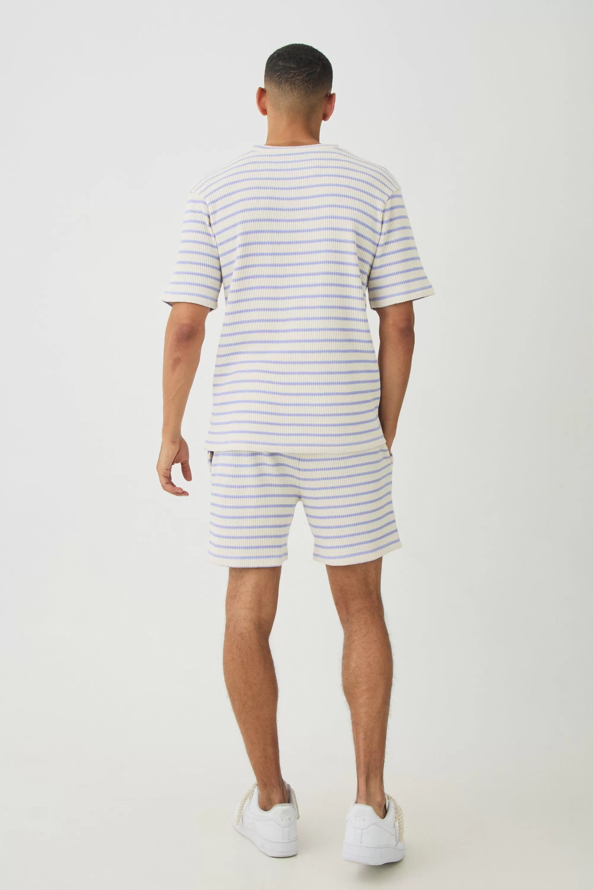 boohooMAN Regular Fit Waffle Stripe T-shirt & Shorts Set | UK