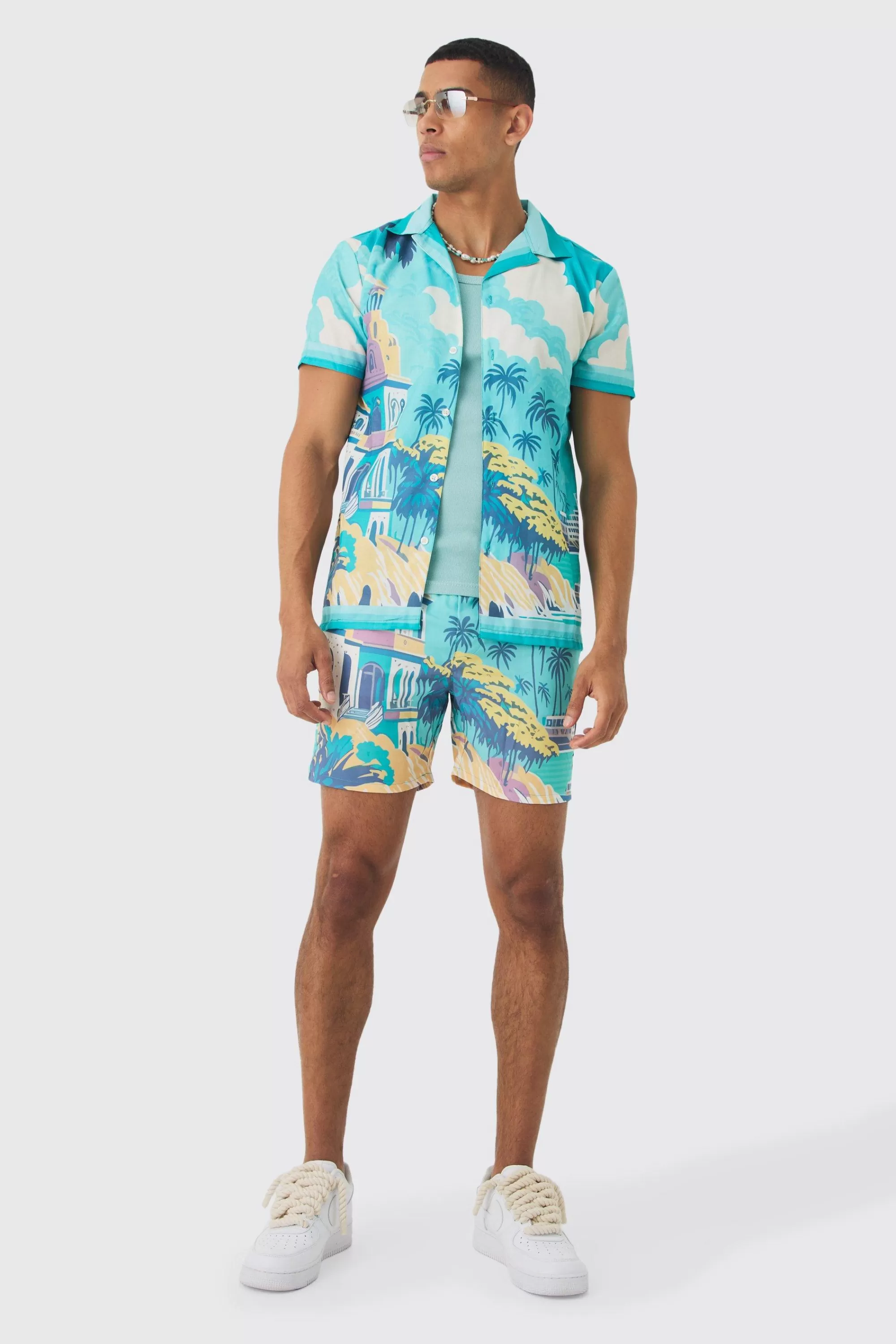 boohooMAN Regular Landscape Shirt & Swim Short Set | UK