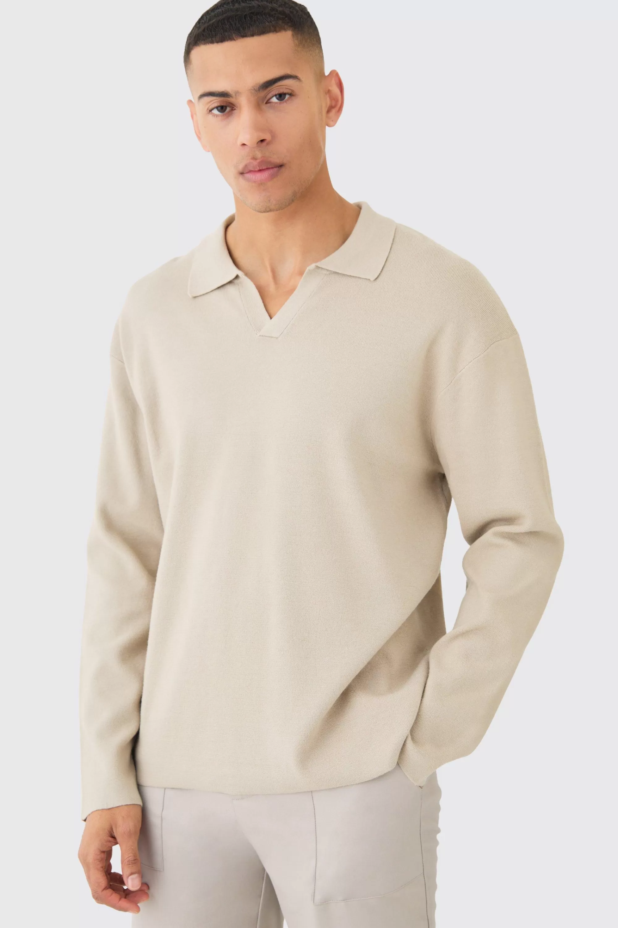 boohooMAN Regular Long Sleeve Knitted Revere Polo | UK