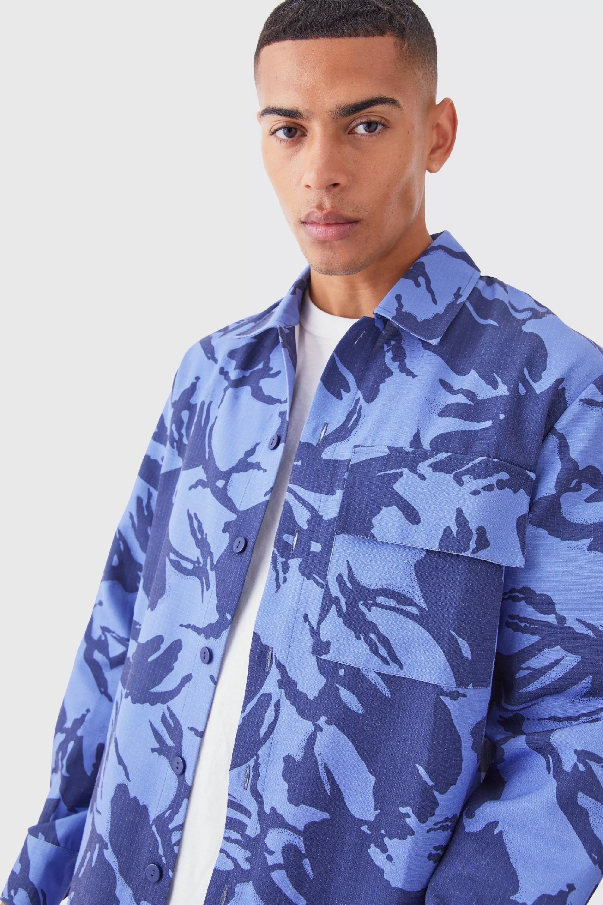 boohooMAN Regular Long Sleeve Ripstop Camo Overshirt | UK