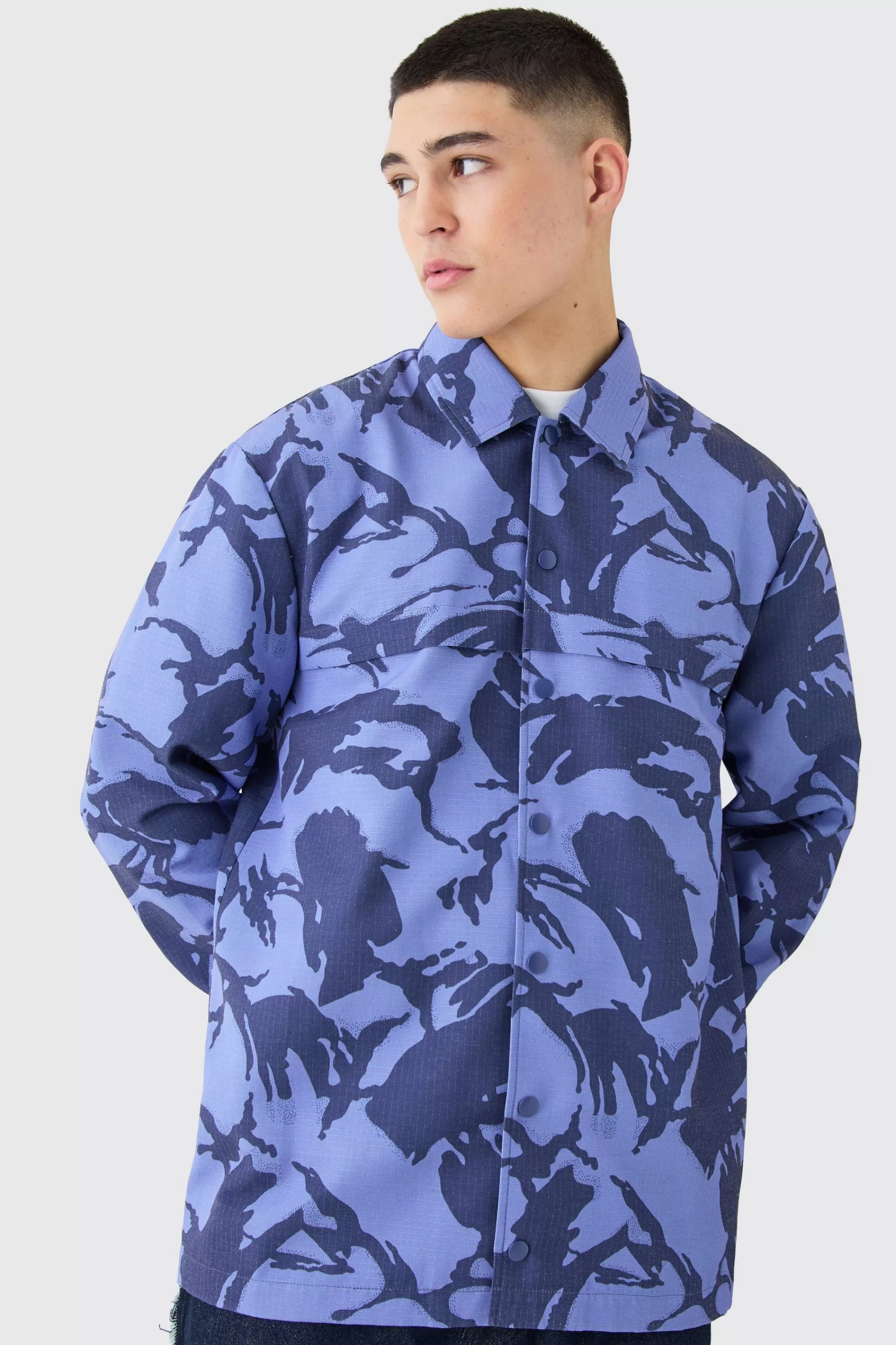 boohooMAN Regular Long Sleeve Ripstop Popper Camo Overshirt | UK
