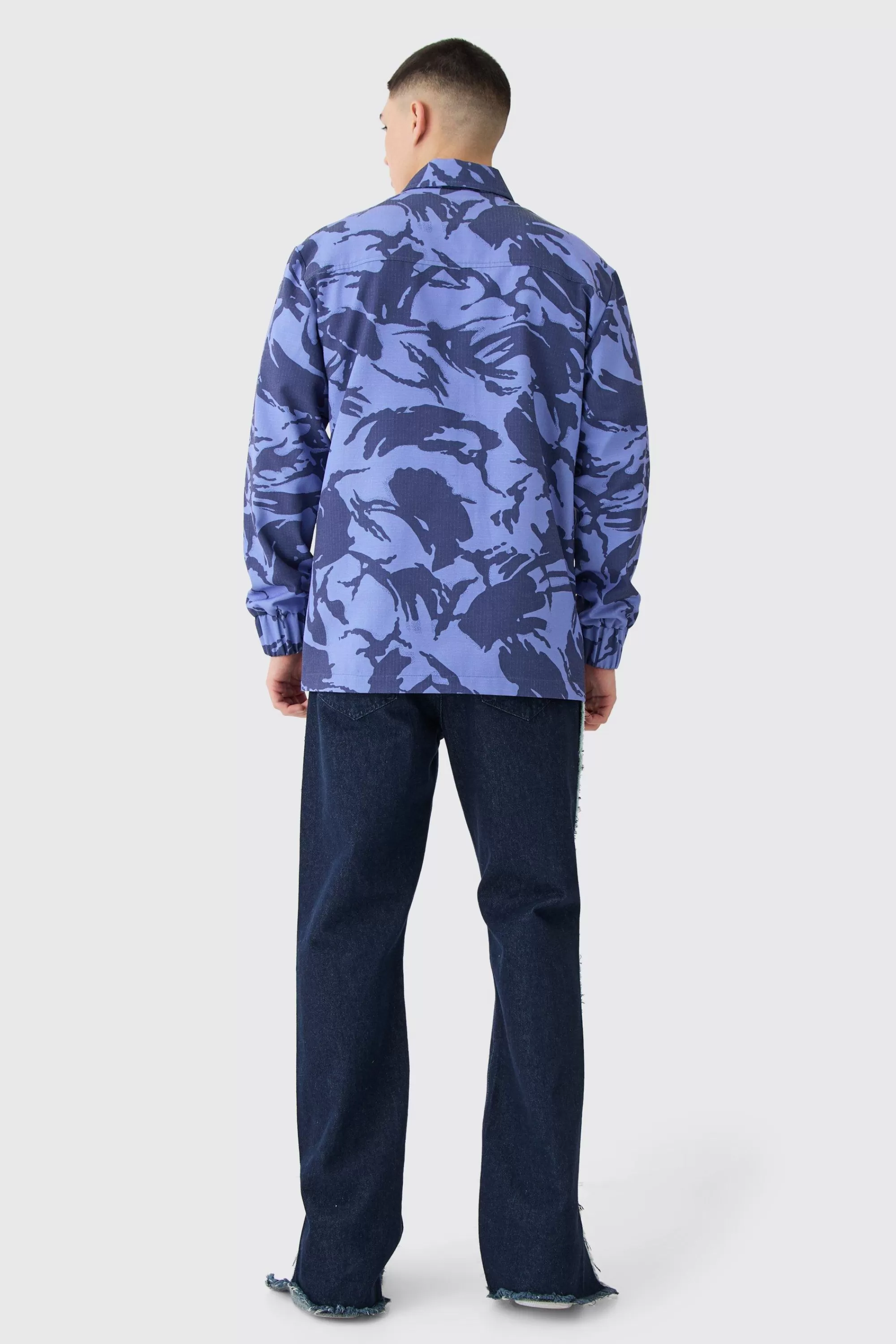 boohooMAN Regular Long Sleeve Ripstop Popper Camo Overshirt | UK