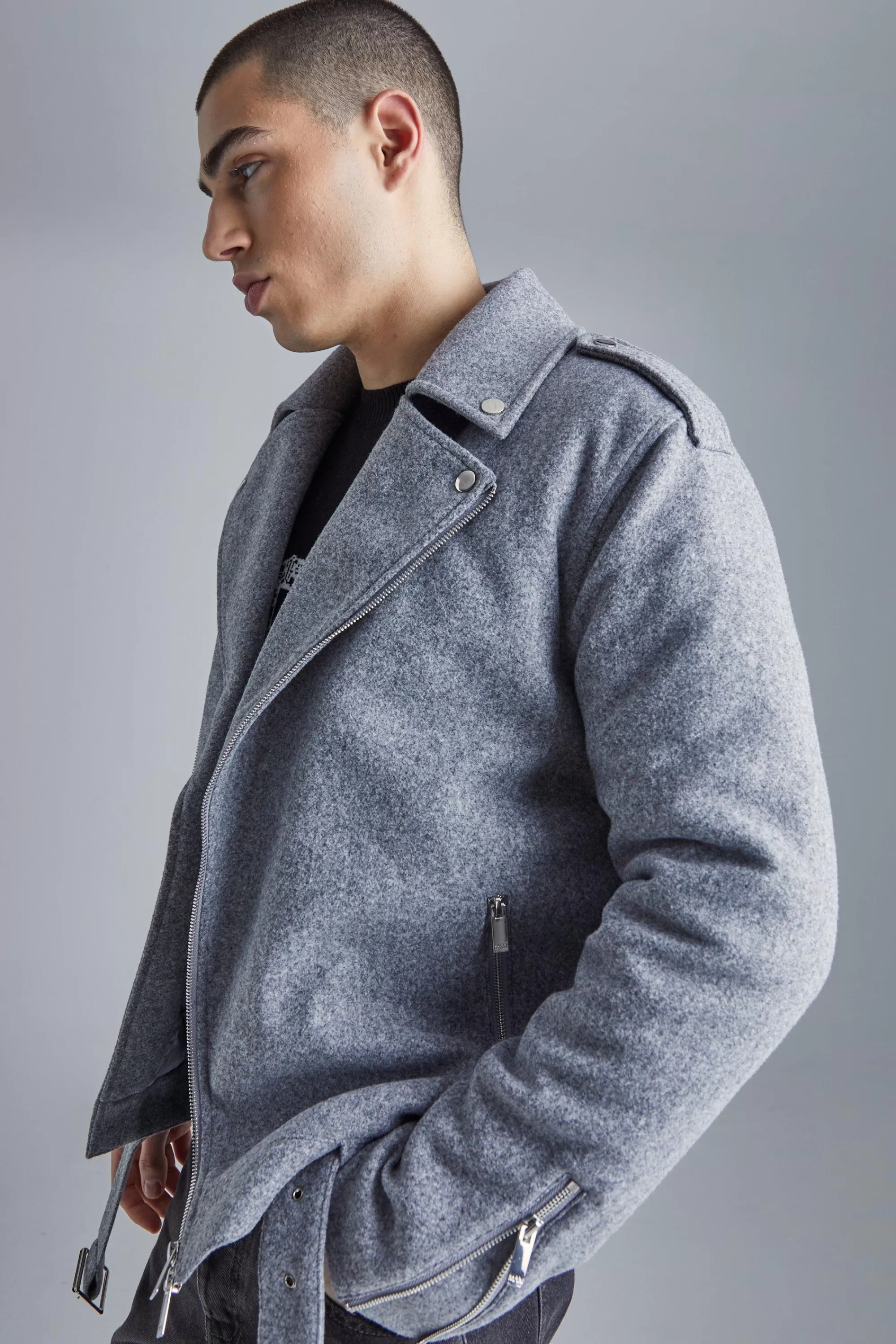 boohooMAN Regular Melton Biker Jacket | UK