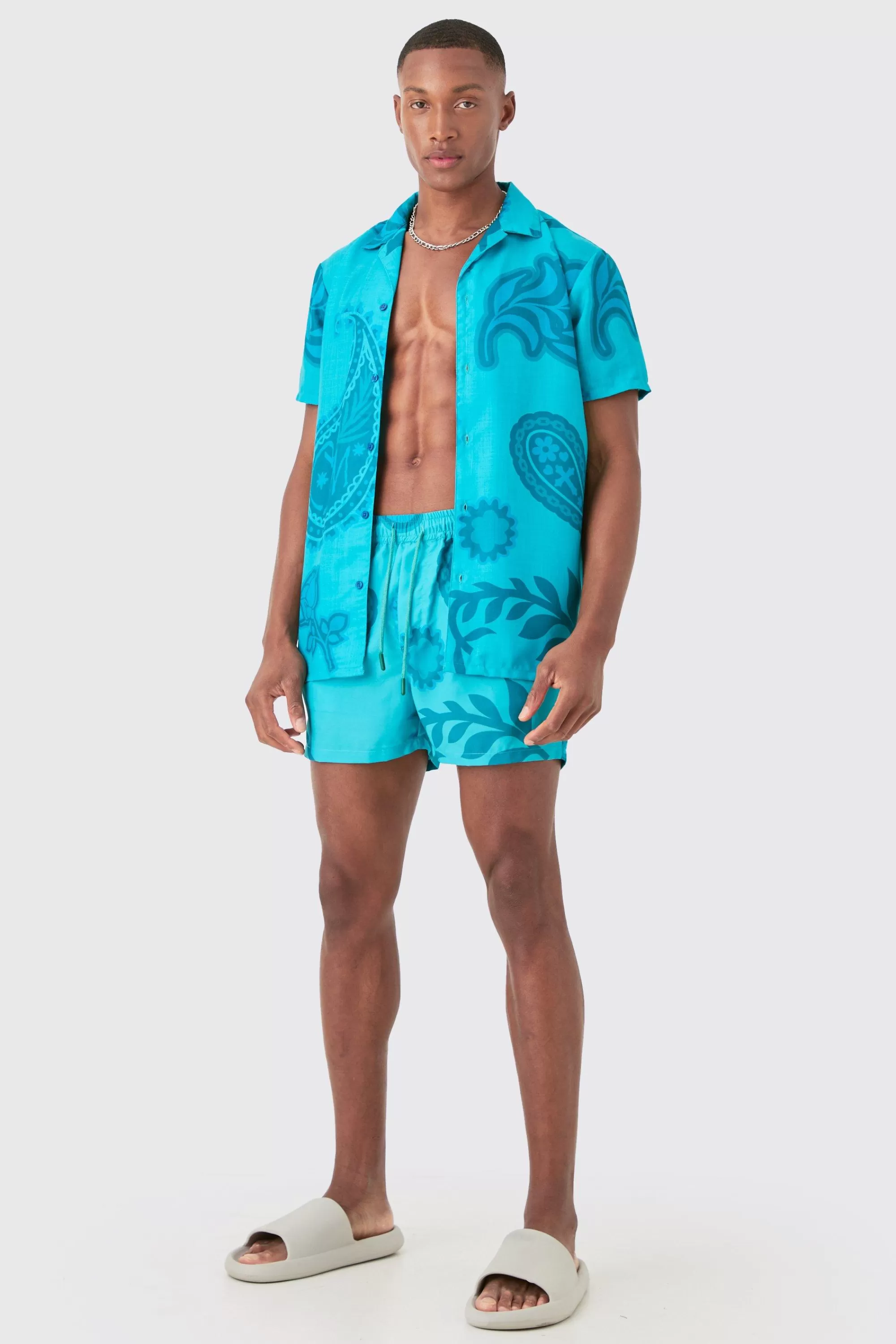 boohooMAN Regular Paisley Shirt & Swim Short Set | UK