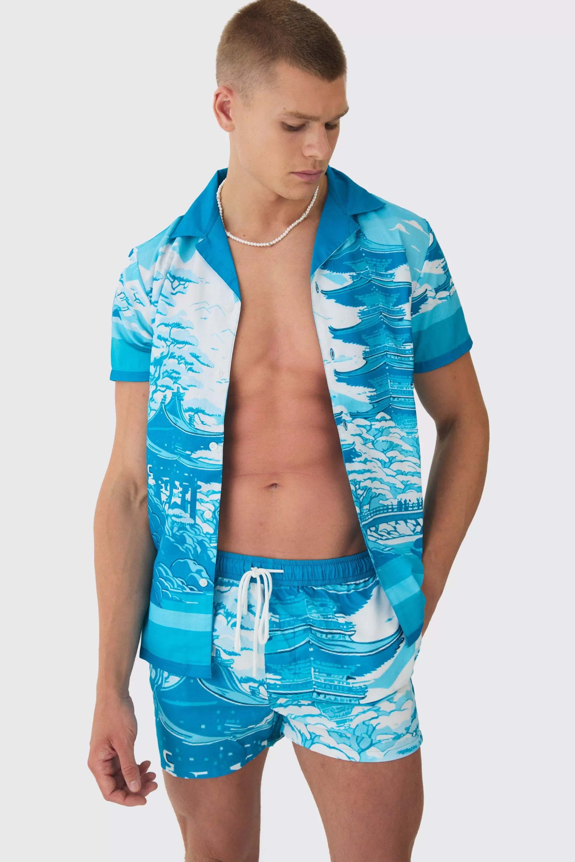 boohooMAN Regular Printed Shirt & Swim Short Set | UK