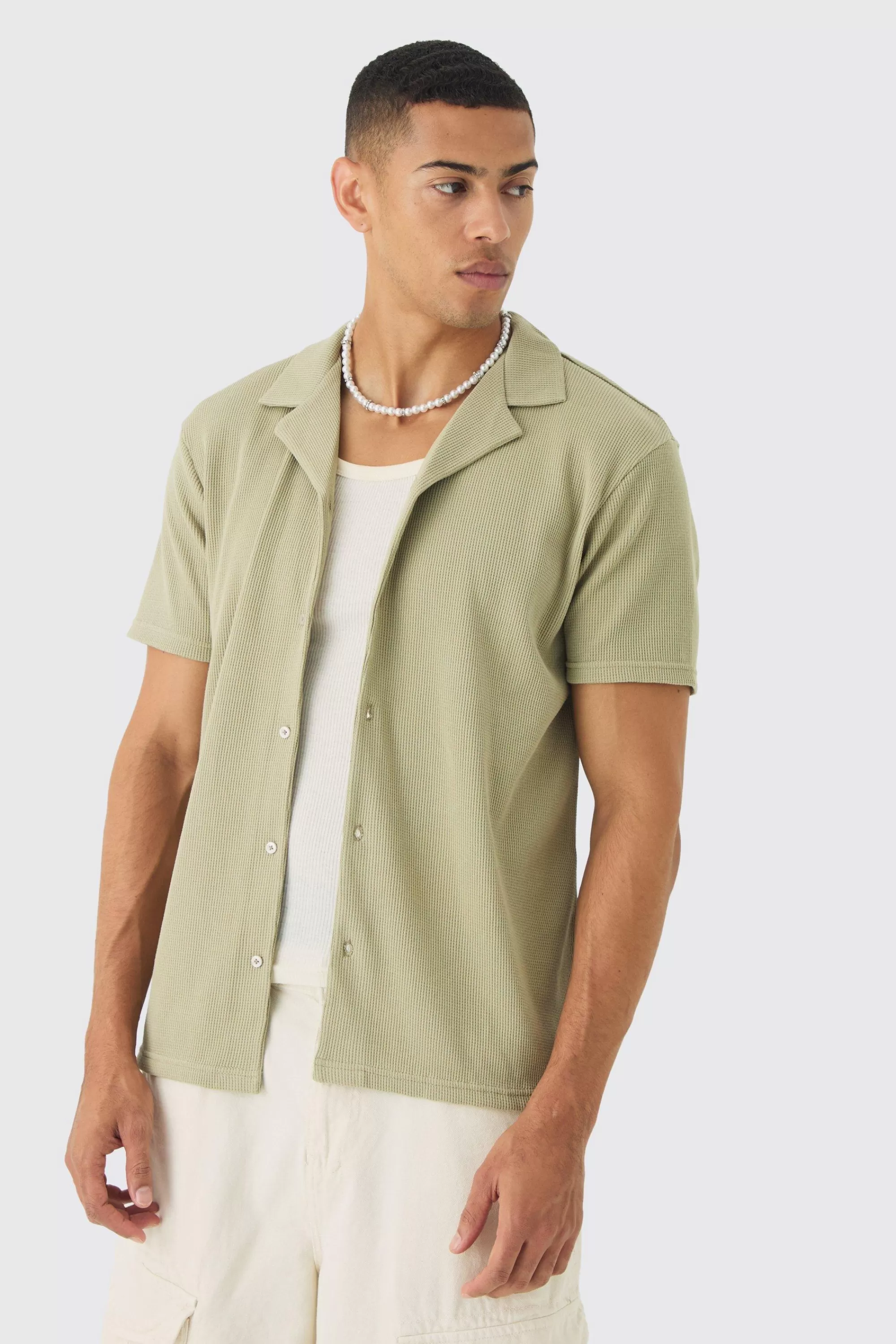 boohooMAN Regular Revere Waffle Shirt | UK
