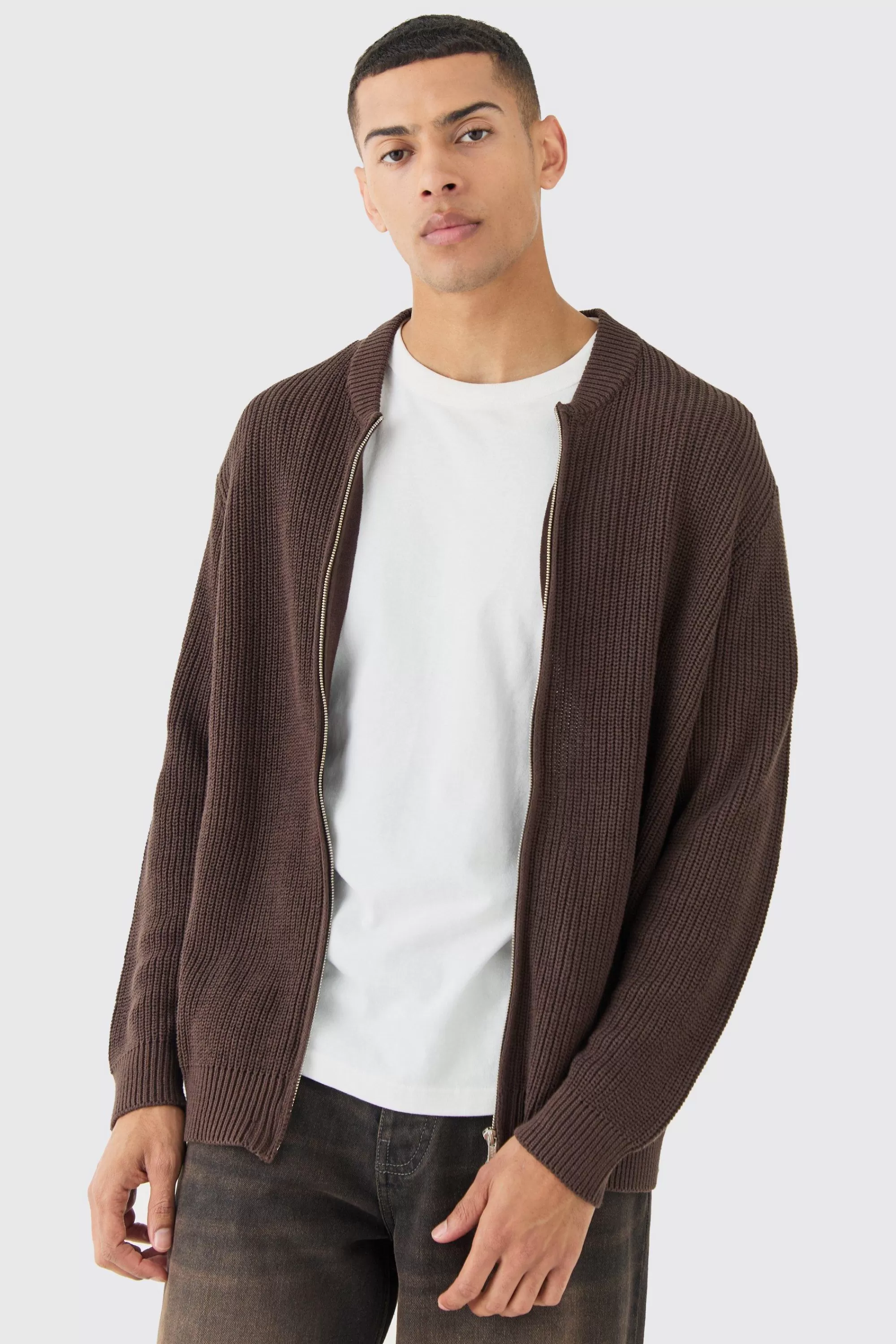 boohooMAN Regular Ribbed Fisherman Knit Bomber | UK