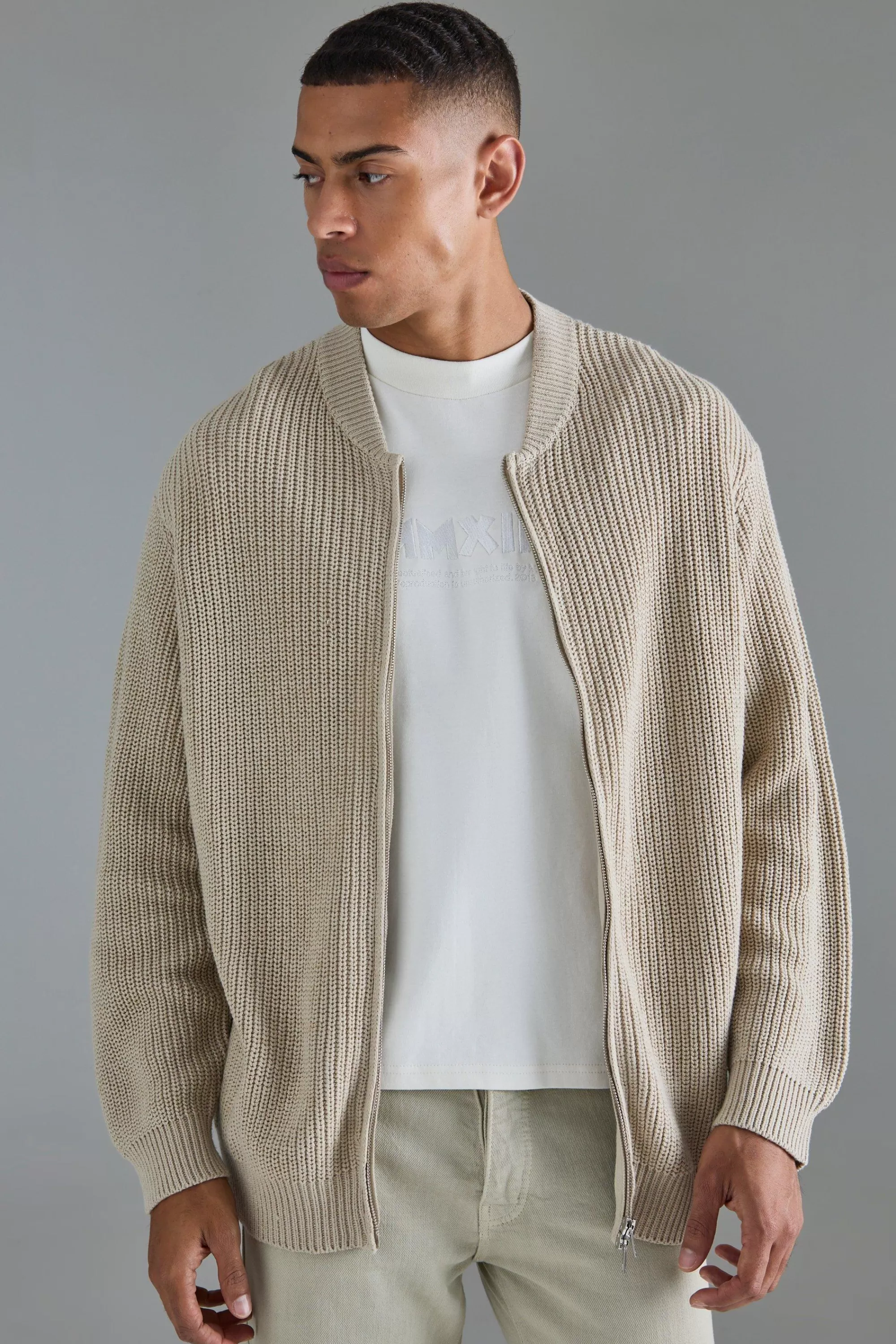 boohooMAN Regular Ribbed Fisherman Knit Bomber | UK